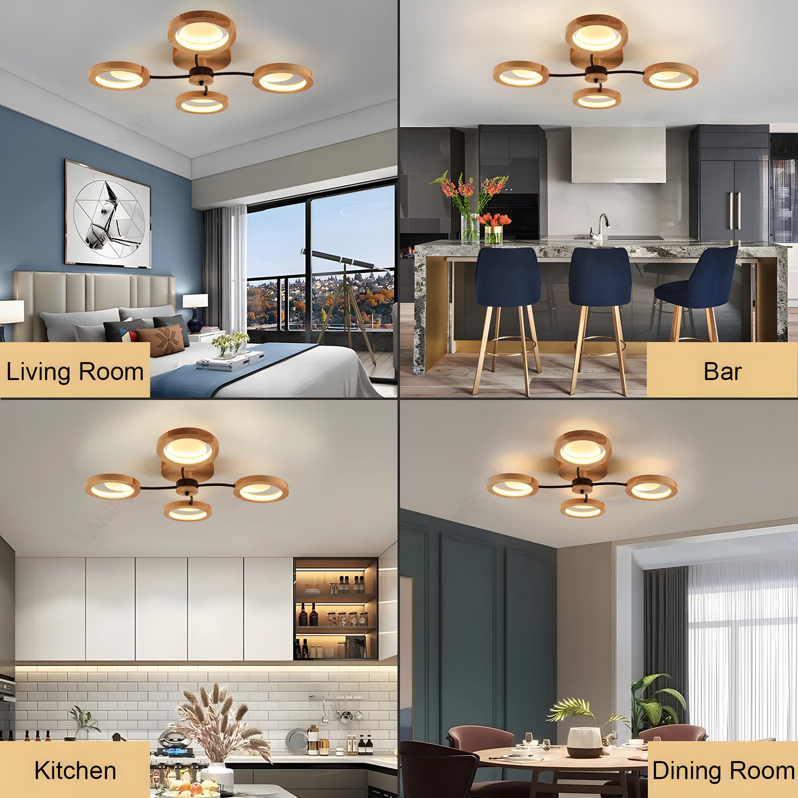 Moderne LED-Deckenleuchte, Ø74cm Kronleuchter Dimmbar Mit Fernbedienung 3000K-6000K, Schwarzer Arm + 4 Holzringe, Metallkreis-Lampenschirm, Wohnzimmer Schlafzimmer Esszimmer Arbeitszimmer Büro