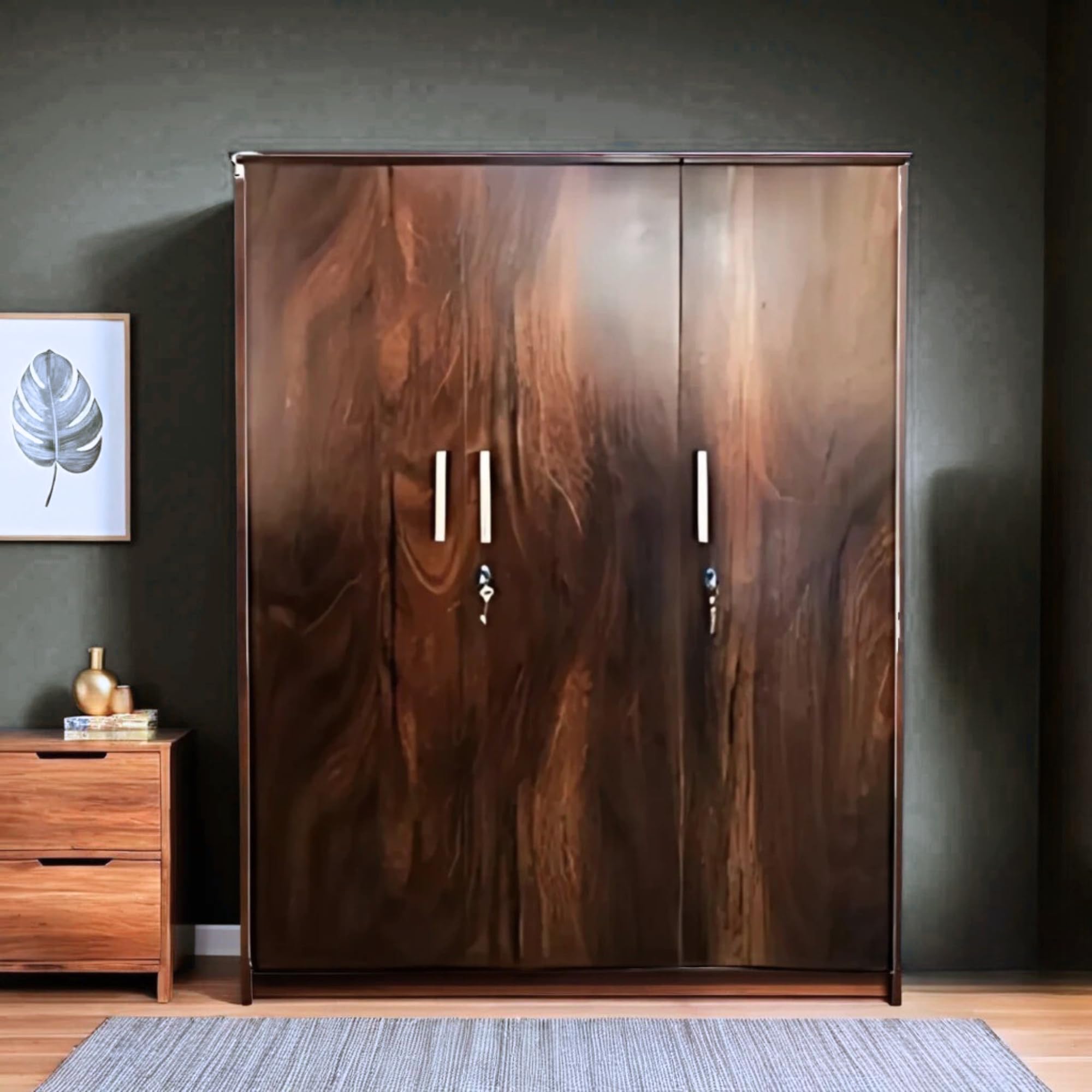 CASPIAN Furniture Walnut Wood Finish 3 Door Wardrobe with Locker for Bedroom | Cupboard | Almirah (Brown Size 75 x 48 x 21 inches)-image-0