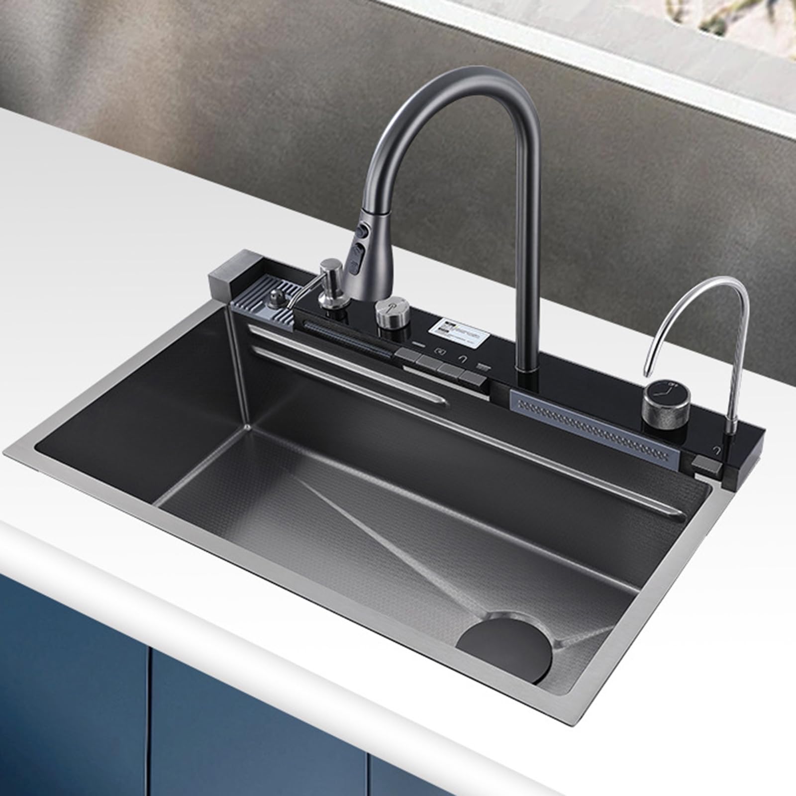Évier de cuisine cascade bouton d'égouttoir automatique et panier inclus