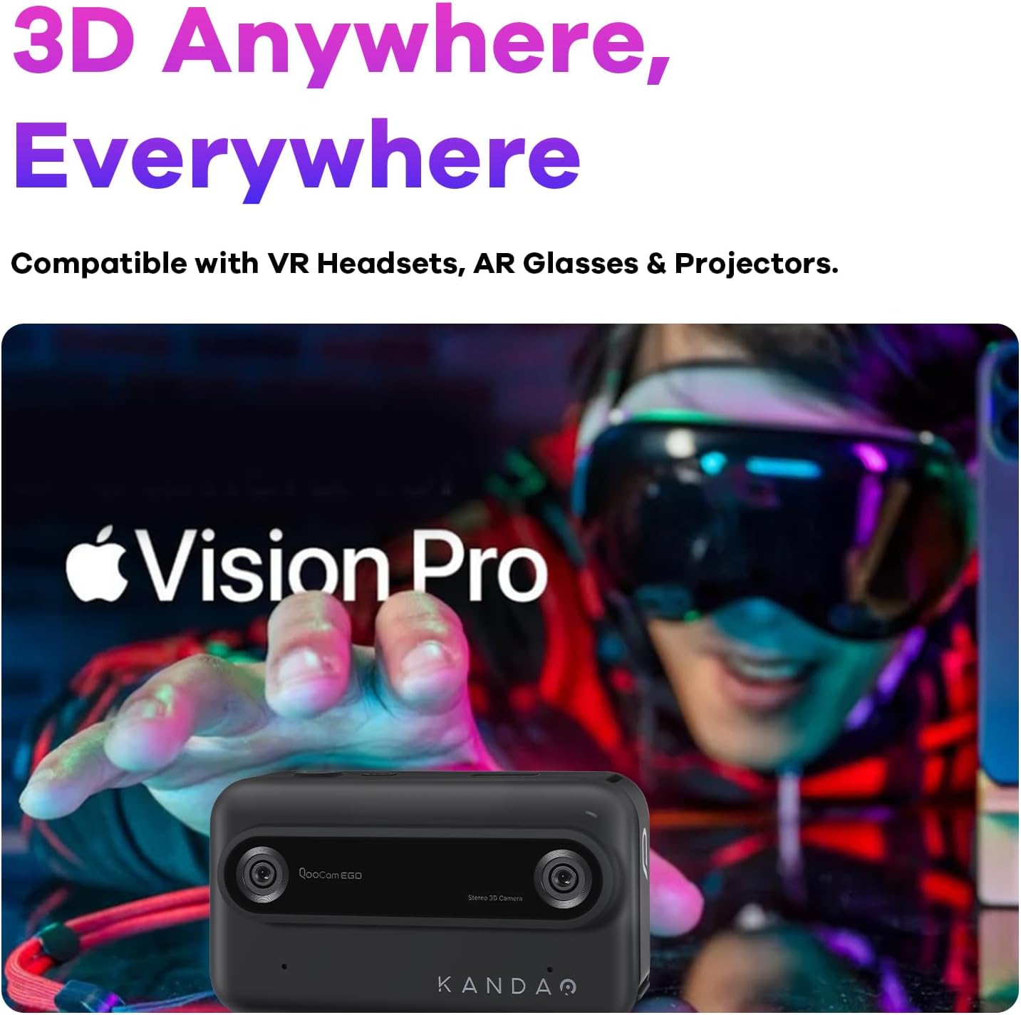 KanDao QooCam Ego compatible with VR headsets like Apple Vision Pro for 3D viewing