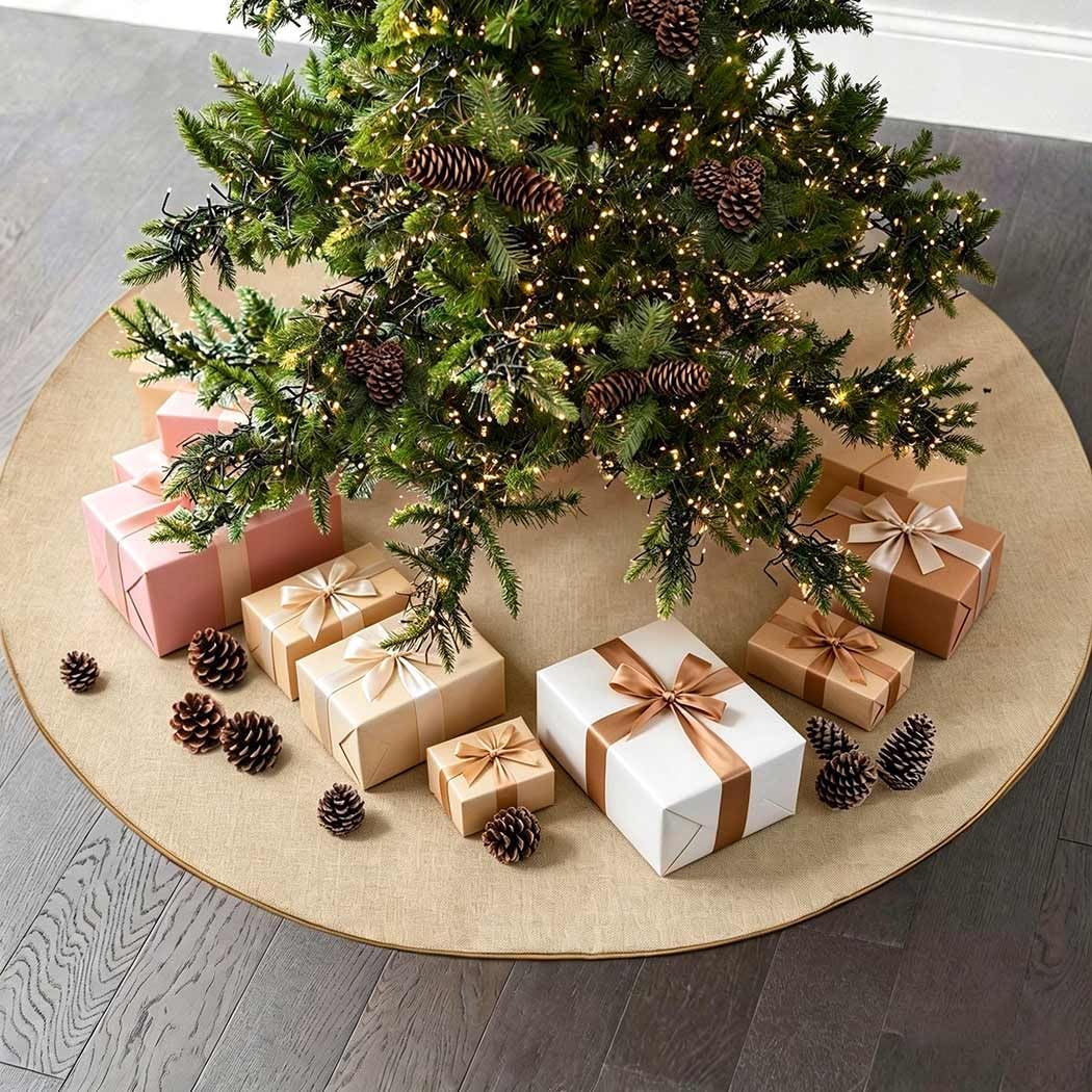 Yuboo Mini Burlap Brown Tree Skirt, 24in Small Double-Layer Linen Rustic Farmhouse Spring Summer Xmas Skirt for Tabletop Tree Countryside Xmas Party Decor Ornaments