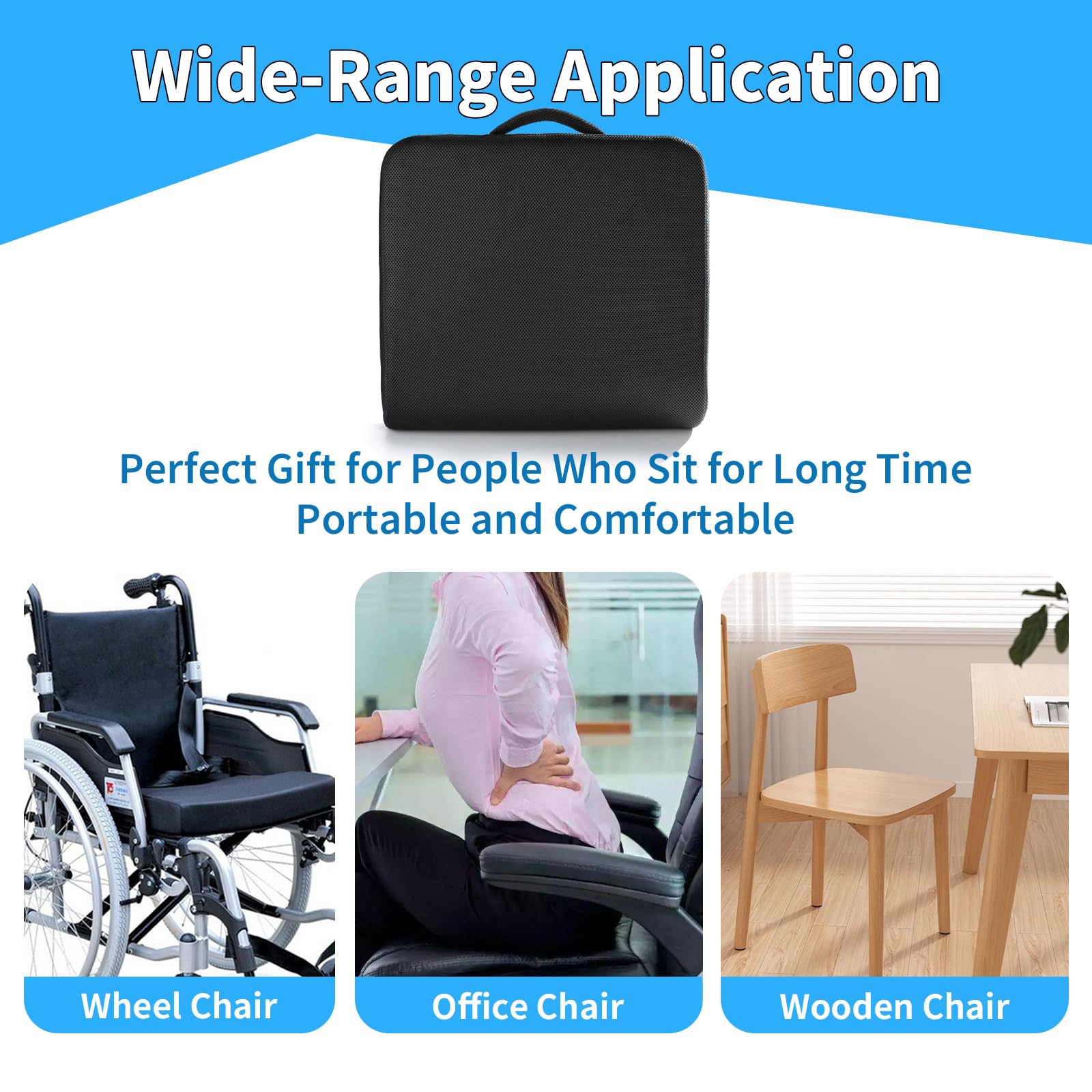 YOUFI Cojín de asiento grande extra grueso, cojín de espuma viscoelástica de gel con asa de transporte, parte inferior antideslizante, cojín de coxis para aliviar el dolor para silla de ruedas y silla