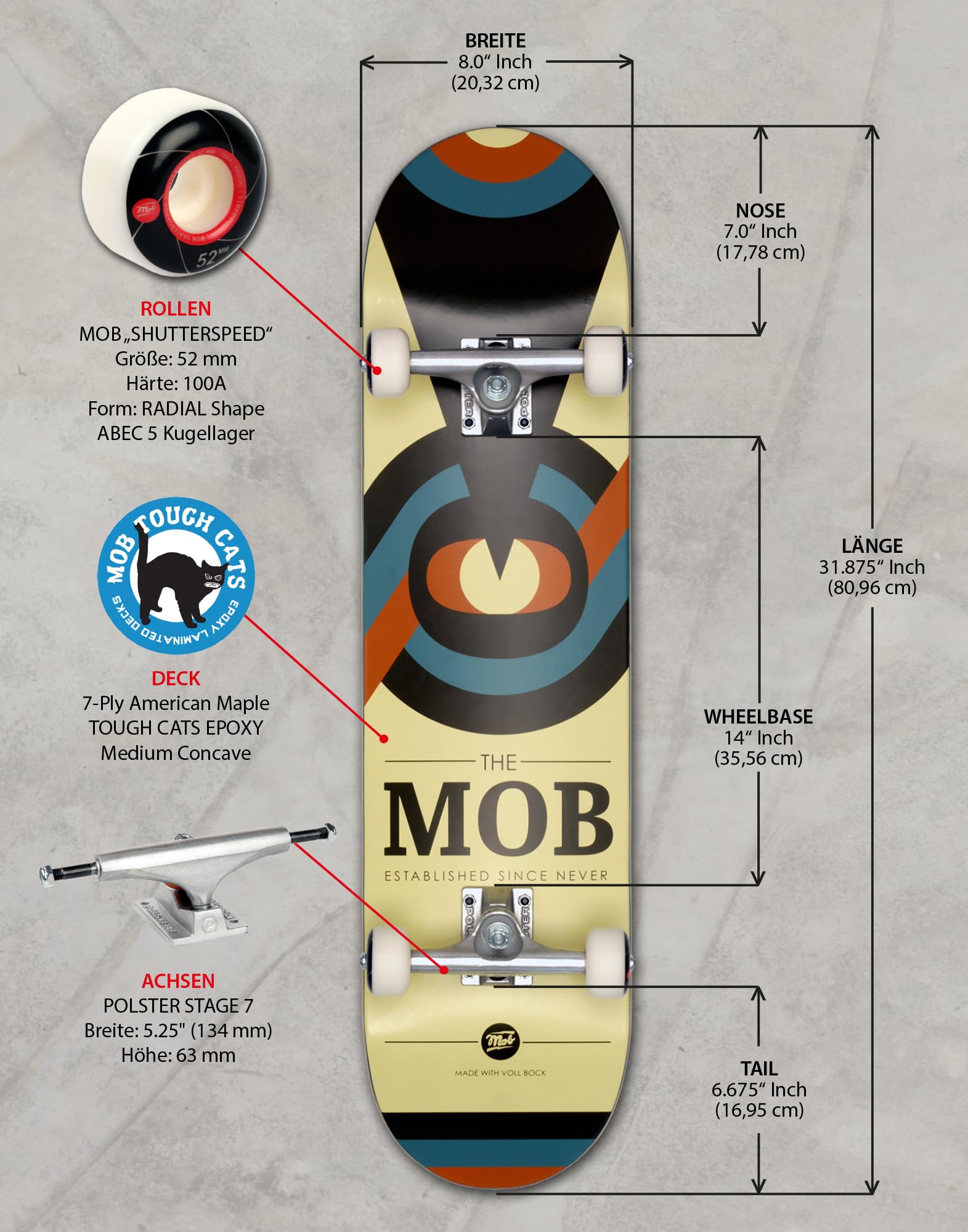 Mob Skateboard Eyechart 8.0 Complete - Komplettboard 31.875 x 8 Zoll - Holzboard aus 7 Schichten Ahornholz - fertig montiert - Anfänger und Profi Skateboard für Jugendliche, Erwachsene - Auge