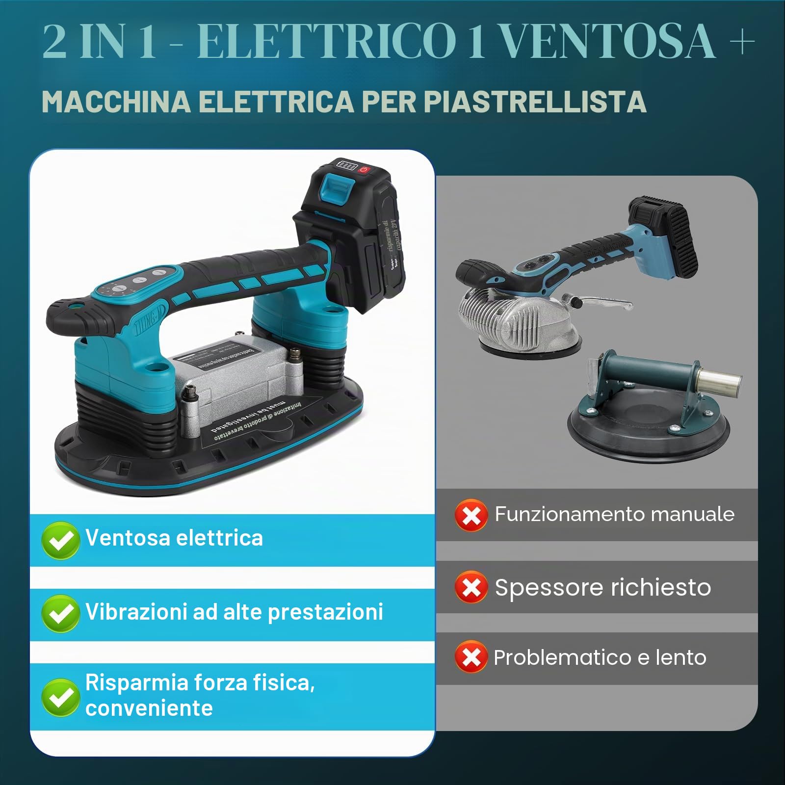 2IN1 Batteria Elettrica Martello per Piastrelle & Ventosa | con ventosa da 30 * 16 cm, portata 250 kg, piastrellatore Elettrico, macchina per vibrazioni per piastrelle da 2 m, piastrelle murali