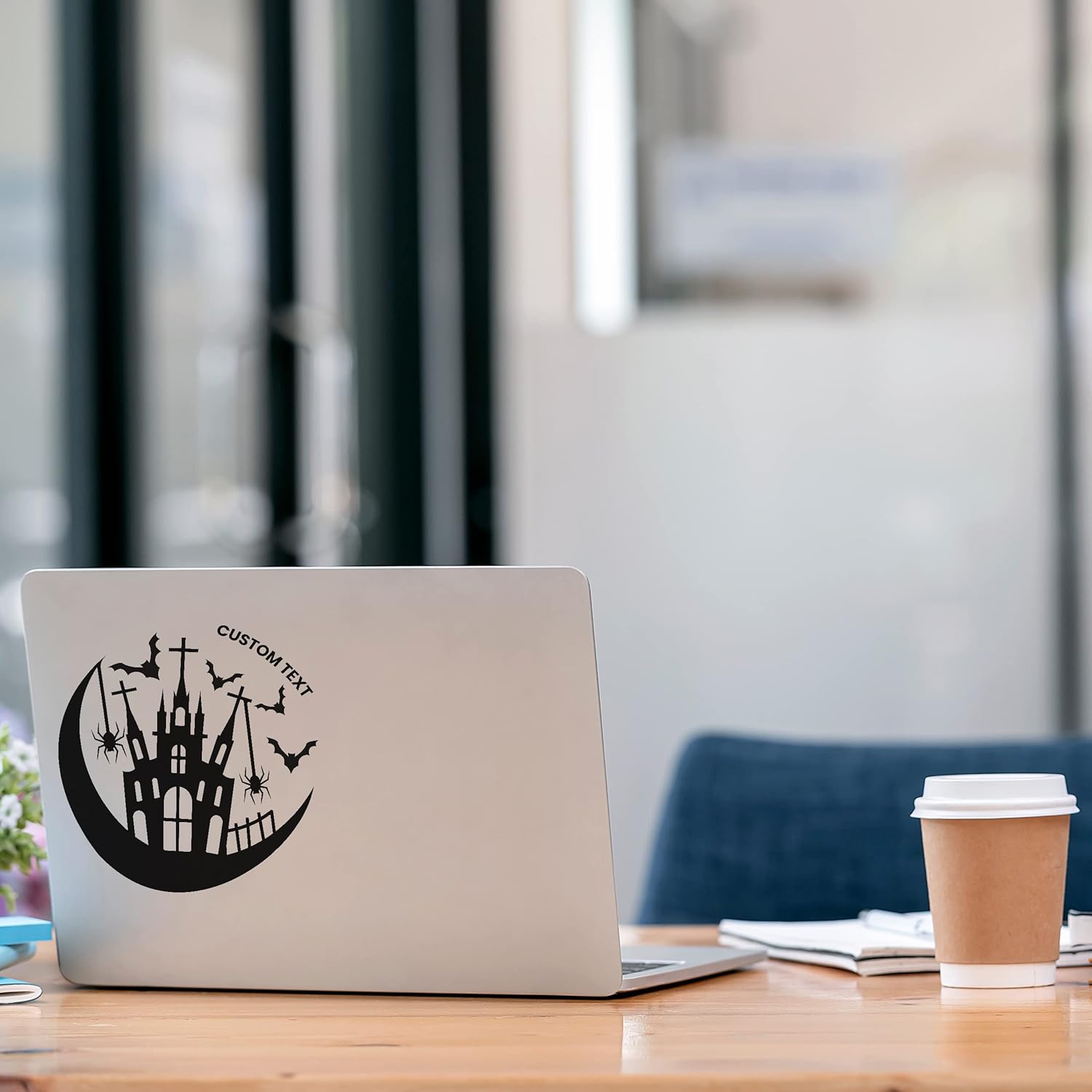 Halloween Sticker – Castle Bats Spiders and Moon Decal - Personalized Text – Sticker for Laptop, Computer, Mirror and Walls - Thematic Happy Halloween Decor 35x35 in inches