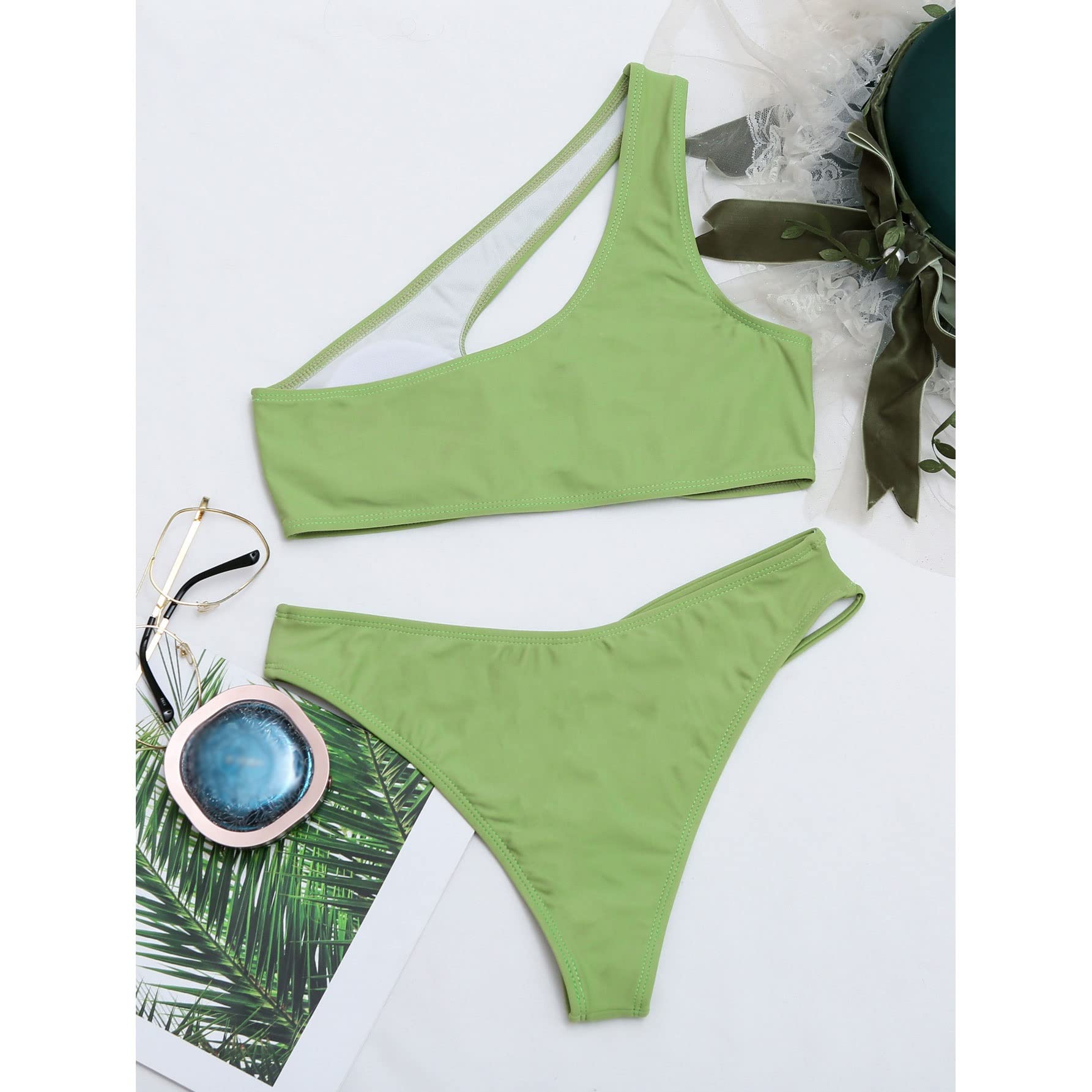 Zielony damski strój kąpielowy push-up Dwuczęściowy strój kąpielowy Wycięty zestaw bikini na jedno ramię Kostium kąpielowy Kostiumy kąpielowe (kolor: zielony, rozmiar: kod L) (zielony kod S)