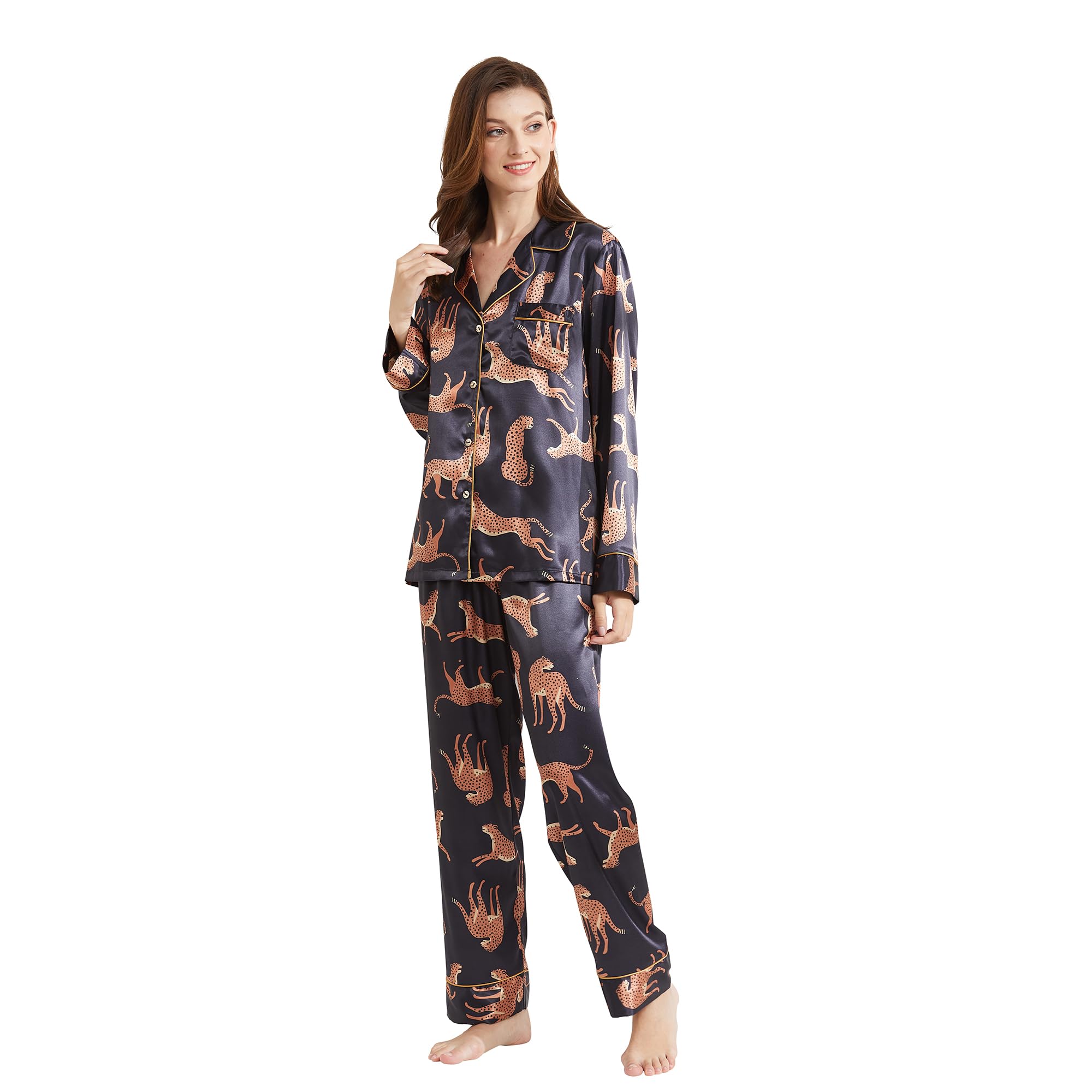 Pijama clásico de satén de seda para mujer, manga larga, con botones, sedoso, 2 piezas, ropa de dormir