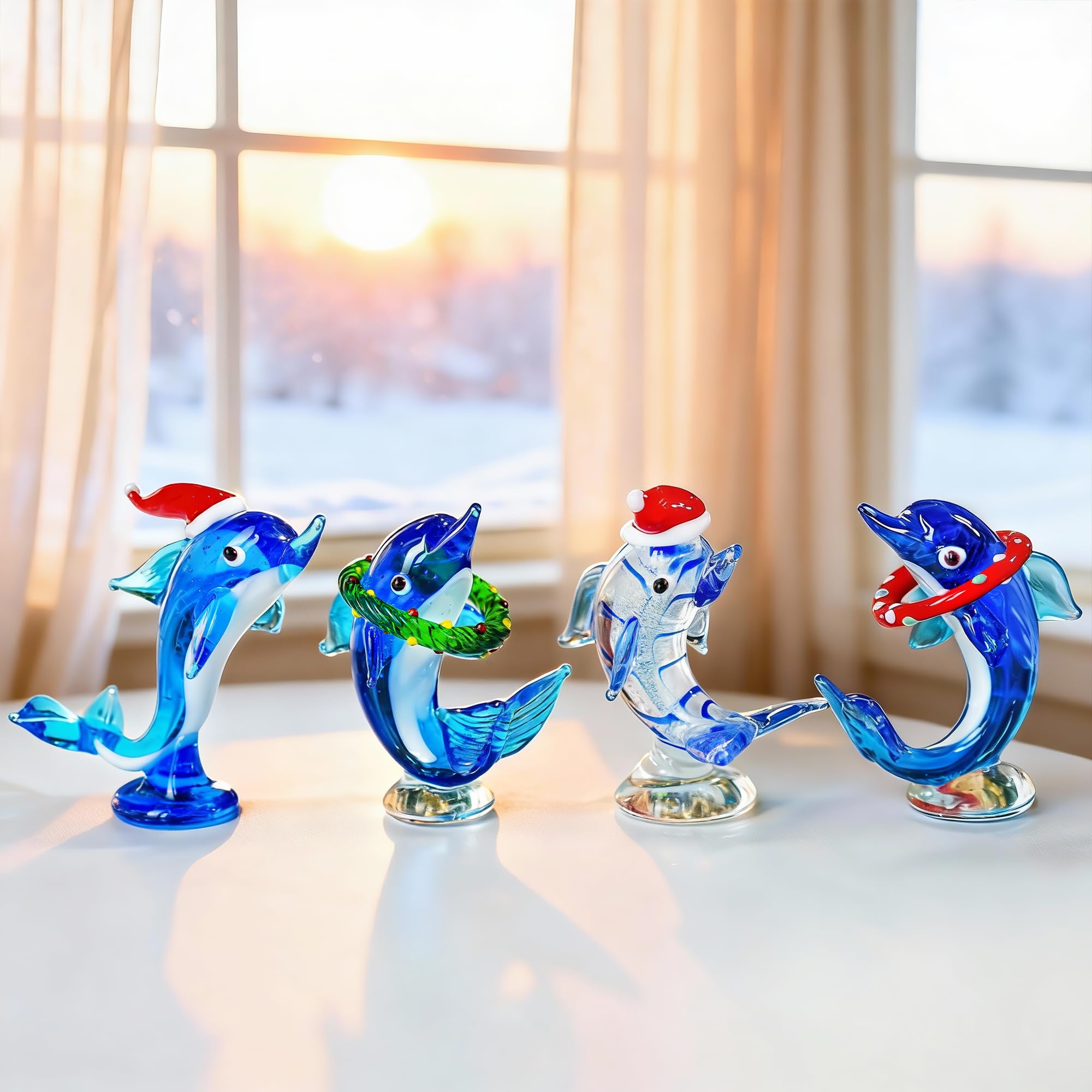 Set of 4 Blown Glass Dolphins Figurines with Hat Decorative Tiny Glass Animals Collectible Gifts for Home Table