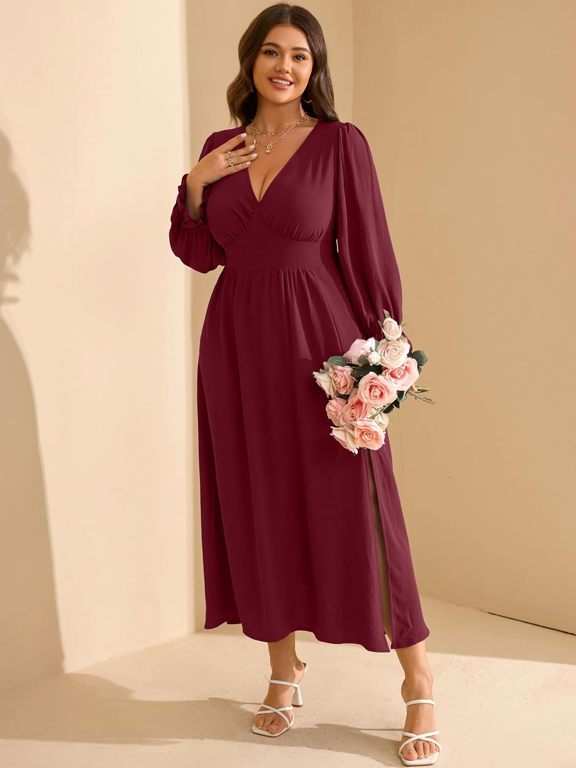 RWJ Plus Size Wedding Guest Dress for Women Deep V Neck Long Sleeve High Waist Slit Formal Cocktail Party Fall Maxi Dresses - Image 7