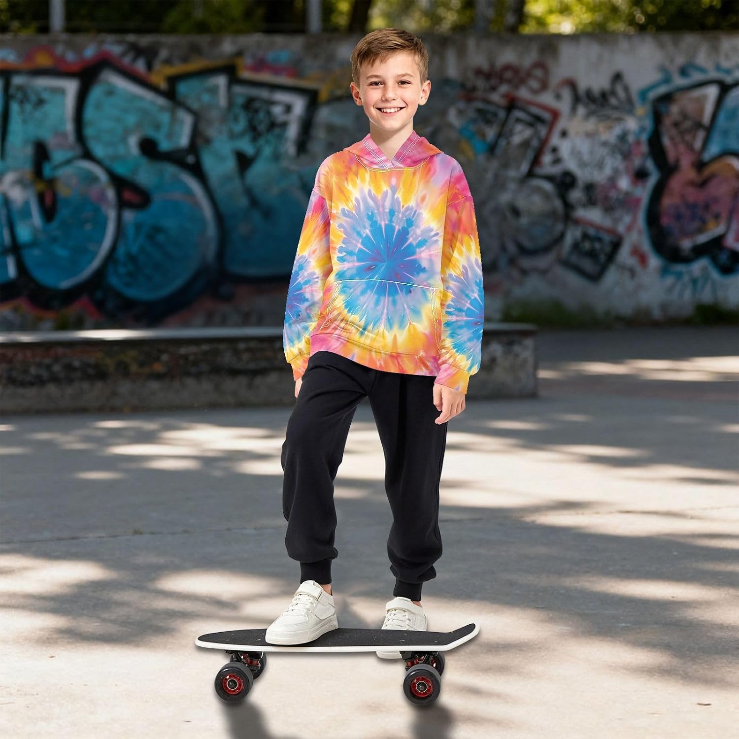 ALAZA Tie Dye Pink Yellow & Blue Hoodies Sweatshirt for Boys Girls Kids Hooded Pullover Top