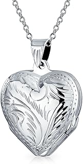 Etched Four Way Heart Shaped Photo Locket Keepsake Pendant Necklace For Women Mothers 925 Sterling Silver 18 Inch