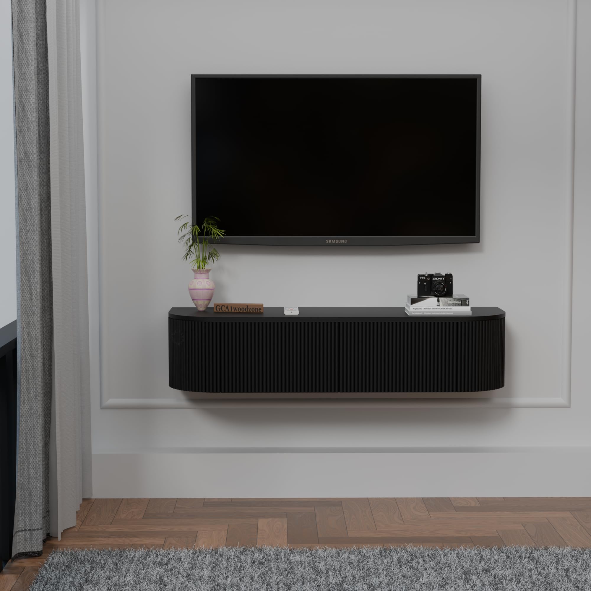 Solid Wood Matte Black Wall Mounted TV Unit for Living Room | Floating TV Cabinet with Hidden Storage | Modern TV Stand for LED TV up to 55 Inch | Space Saving Wall TV Console-image-19