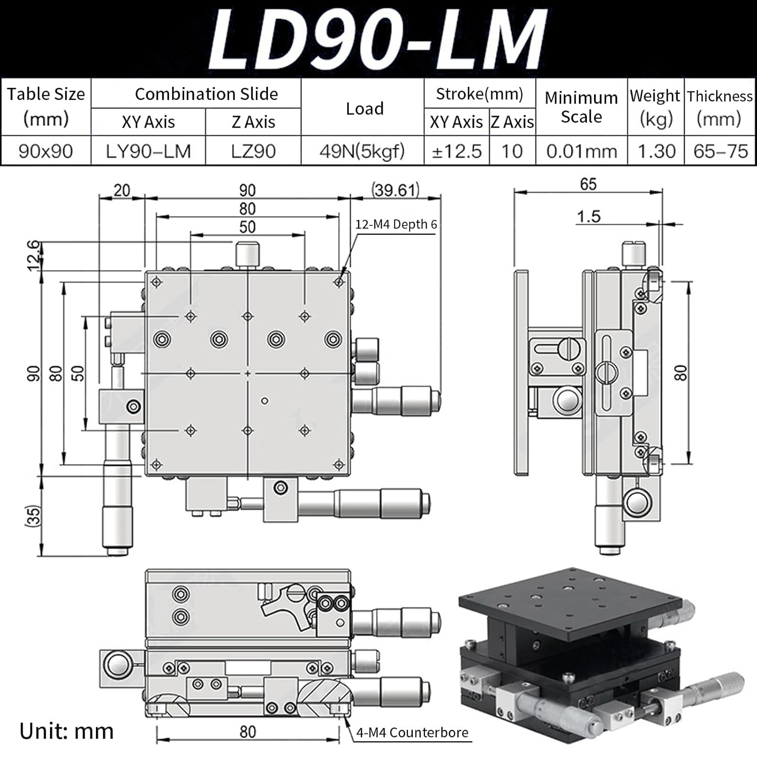 XYZ 3 Axis Manual Linear Stage, 90x90mm Trimming Bearing Tuning Platform Sliding Table LD90-LM