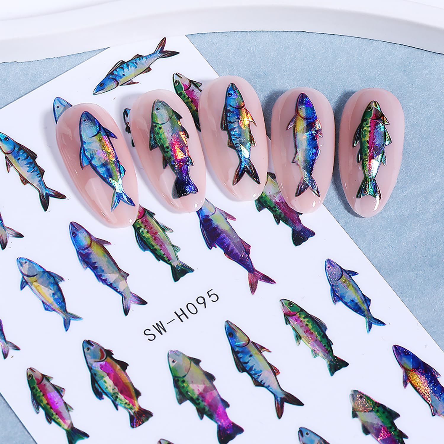 Holographic Fish Nail Stickers for Nail Art, Iridescent Colorful Fish Nail Decals 3D Self Adhesive Nail Art Supplies Summer Ocean Theme Manicure Sliders DIY Nail Salon Accessories for Women 4Pcs