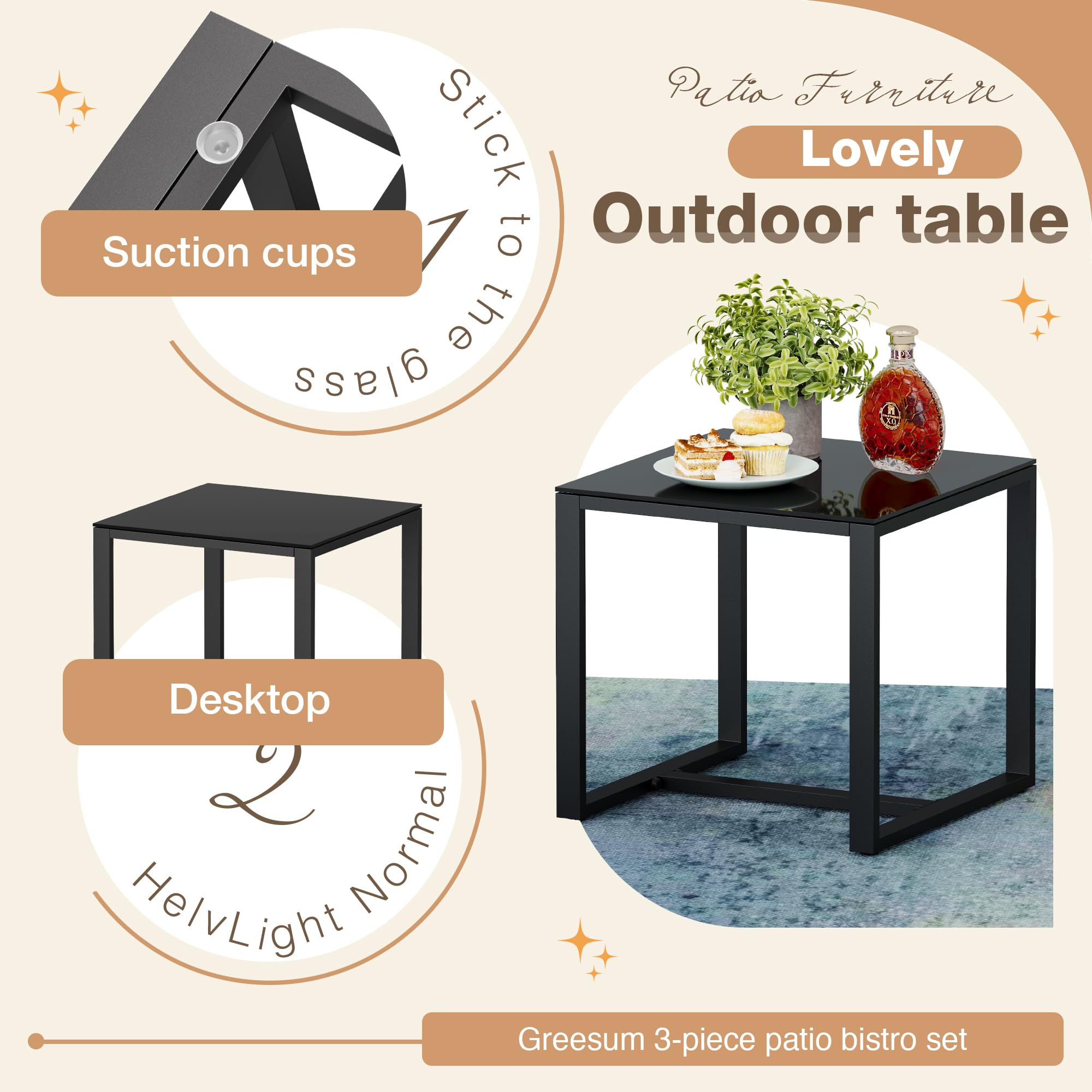 Juego de muebles de exterior de 3 piezas para patio, bistró, mecedoras con mesa de centro de cristal para piscina, playa, patio, balcón, porche, terraza, jardín, color negro 4