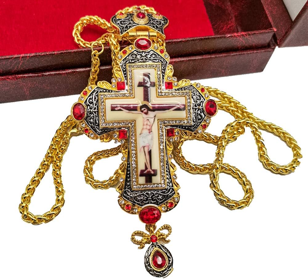 Nazareth Store 18K Gold Plated Pectoral Cross Multi Zircons Crystallized Elements Christian Priest Bishop Large Crucifix Pendant with Necklace 24"