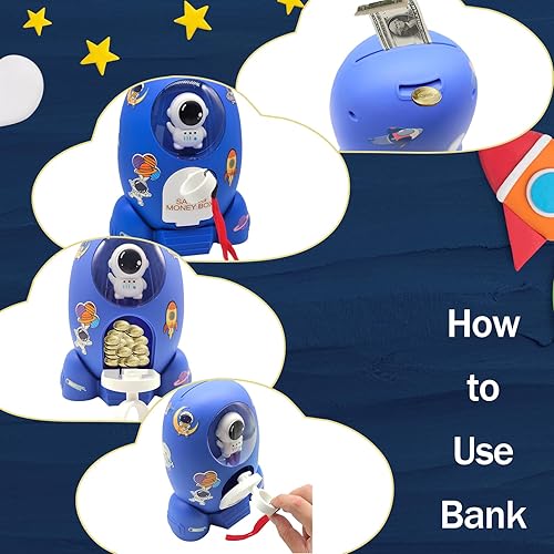 Miniatura 6 de Trez Treamer Alcancía para niños, cohete azul con calcomanía de astronauta, caja fuerte para ahorrar dinero en efectivo, banco de monedas irrompible
