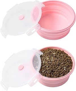 Collapsible Dog Bowls with Lids, 2 Pack Portable Travel Dog Bowls for Small Medium Large Dogs, Silicone Foldable Outdoor Dog Cat Food Water Bowls for Camping Hiking Road Trip, Pink 12 oz