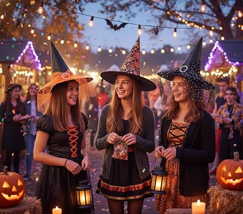 Miniatura 5 de Giga Gud 4 sombreros de bruja de Halloween, sombrero de bruja vintage de Halloween, velos de encaje transparente, sombreros impresos, suministros de