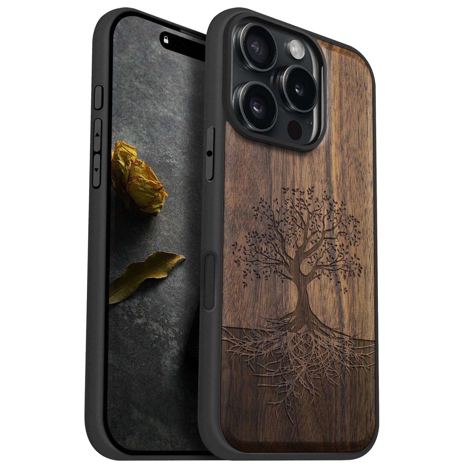 Carveit Magnetic Wooden Case for Phone 16 Pro Case, Wood Artisan Engraved & Black Soft TPU Shockproof Cover, Compatible with MagSafe Wireless Chargers