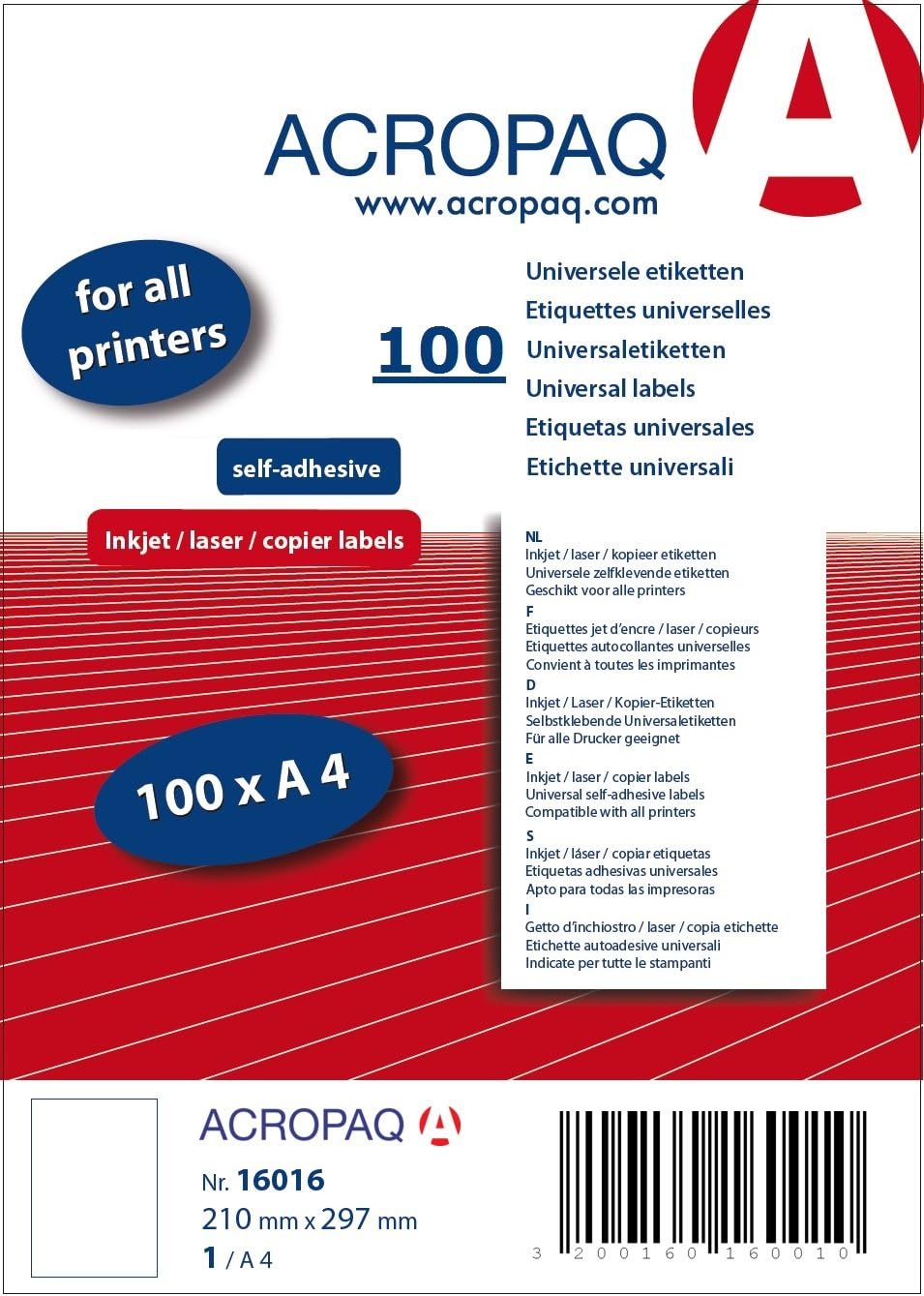 acropaq Labels Pack of 100 White A4 Labels 210 x 297 mm