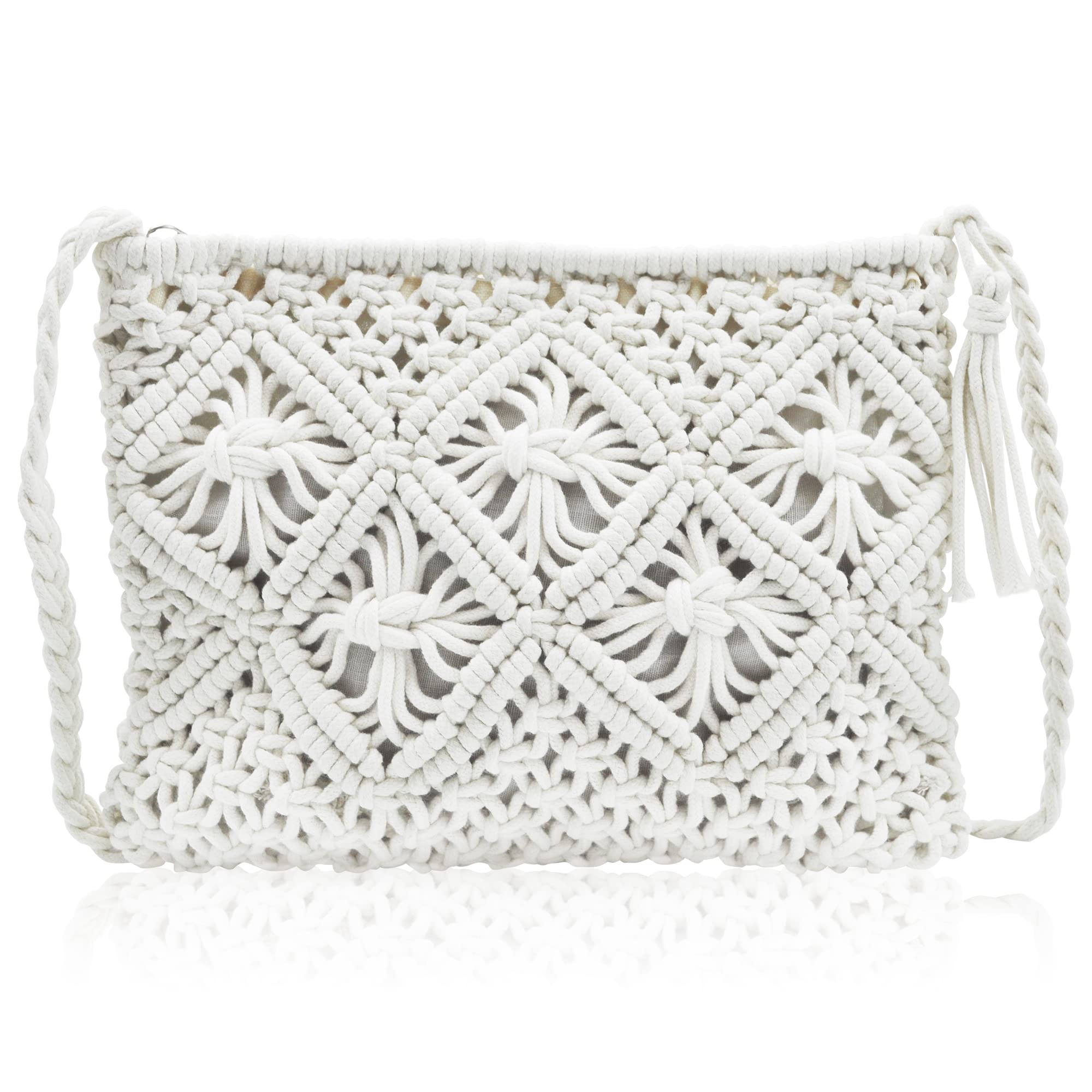 YMIFEEY Bolso Blanco Mujer Verano Bolso Paja Mujer Bolsos Tejidos Crochet Bolso Bandolera de Paja Playa Mujer Bolso de Hombro de Ganchillo de Cuerda de Algodón Estilo Boho para Viajes y Vacaciones