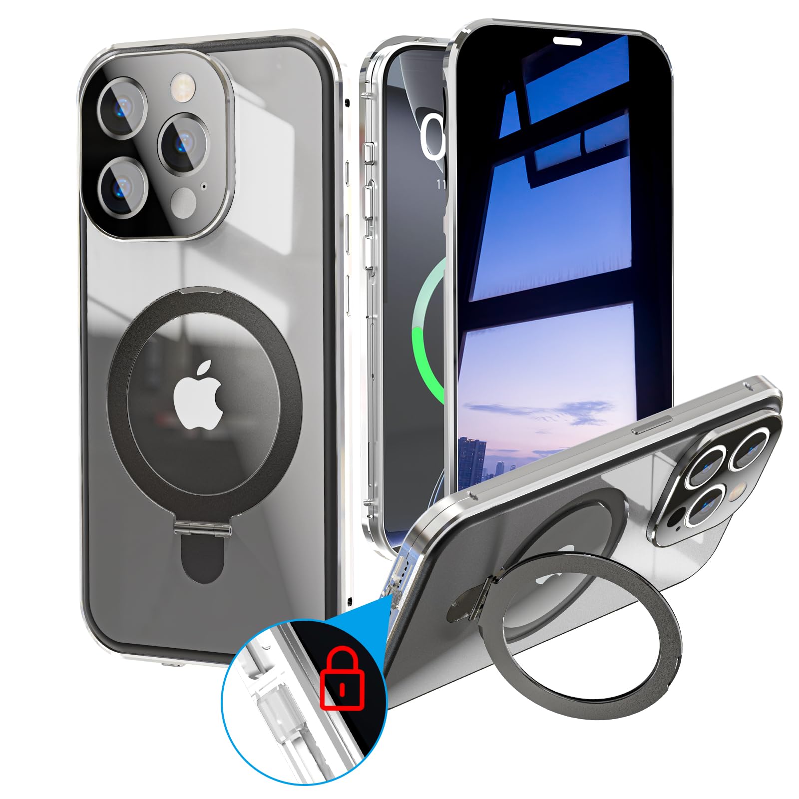 【覗き見防止&一体型レンズ&隠しスタンド】HALTSUTO iPhone 15 Pro 両面 ケース アルミ合金バンパー 多機能隠しスタンド・縦横両対応 360°全面保護・強化ガラス リング付き 透明 オシャレ 高感度タッチ 一体型カメラレンズ保護 メッキバンパー 耐衝撃 ワイヤレス充電対応 アイホン15プロ 金属 ケース 人気 6.1インチ クリア ナチュラルチタニウム