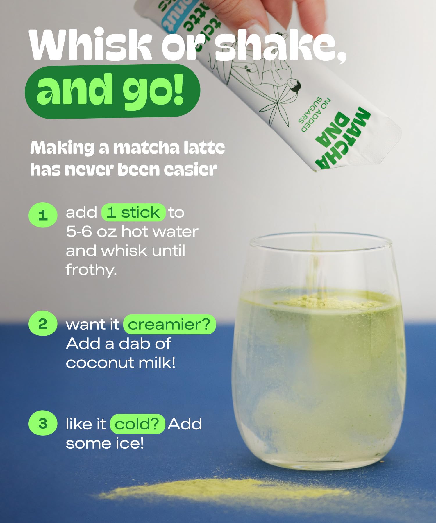 MatchaDNA Coconut Matcha Latte Powder Sticks 7 Pack 20g Each Sweetened with Milk No Sugar Added Instant Matcha — view 4