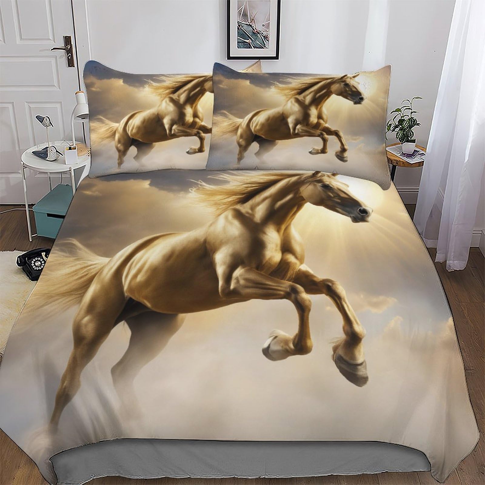 Housse de couette cheval en douce microfibre thermorégulatrice 3 pièces pour grand lit