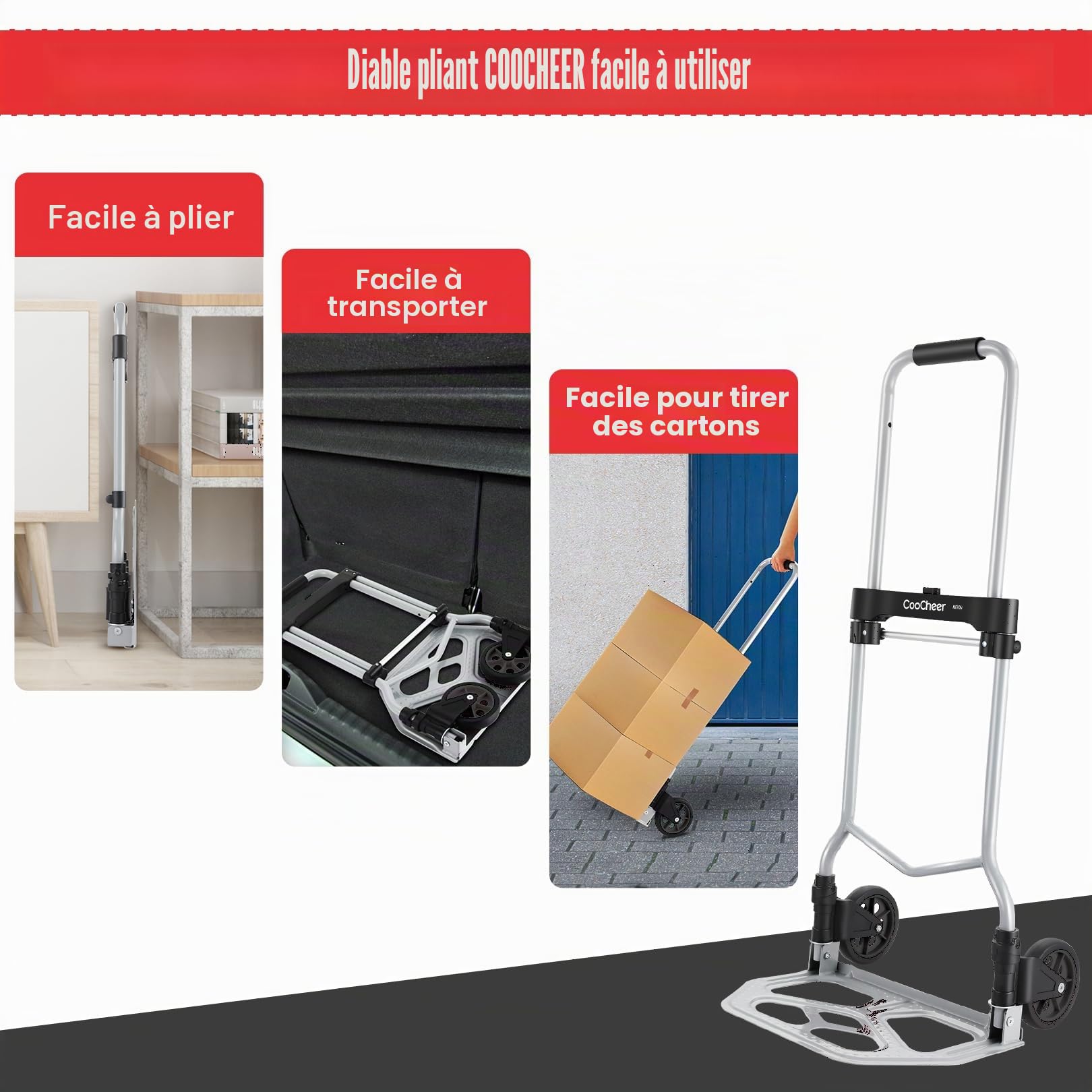 COOCHEER Diable Pliable Charge 120kg, Chariots de manutention 2 Roues avec Poignée Télescopique en Aluminium