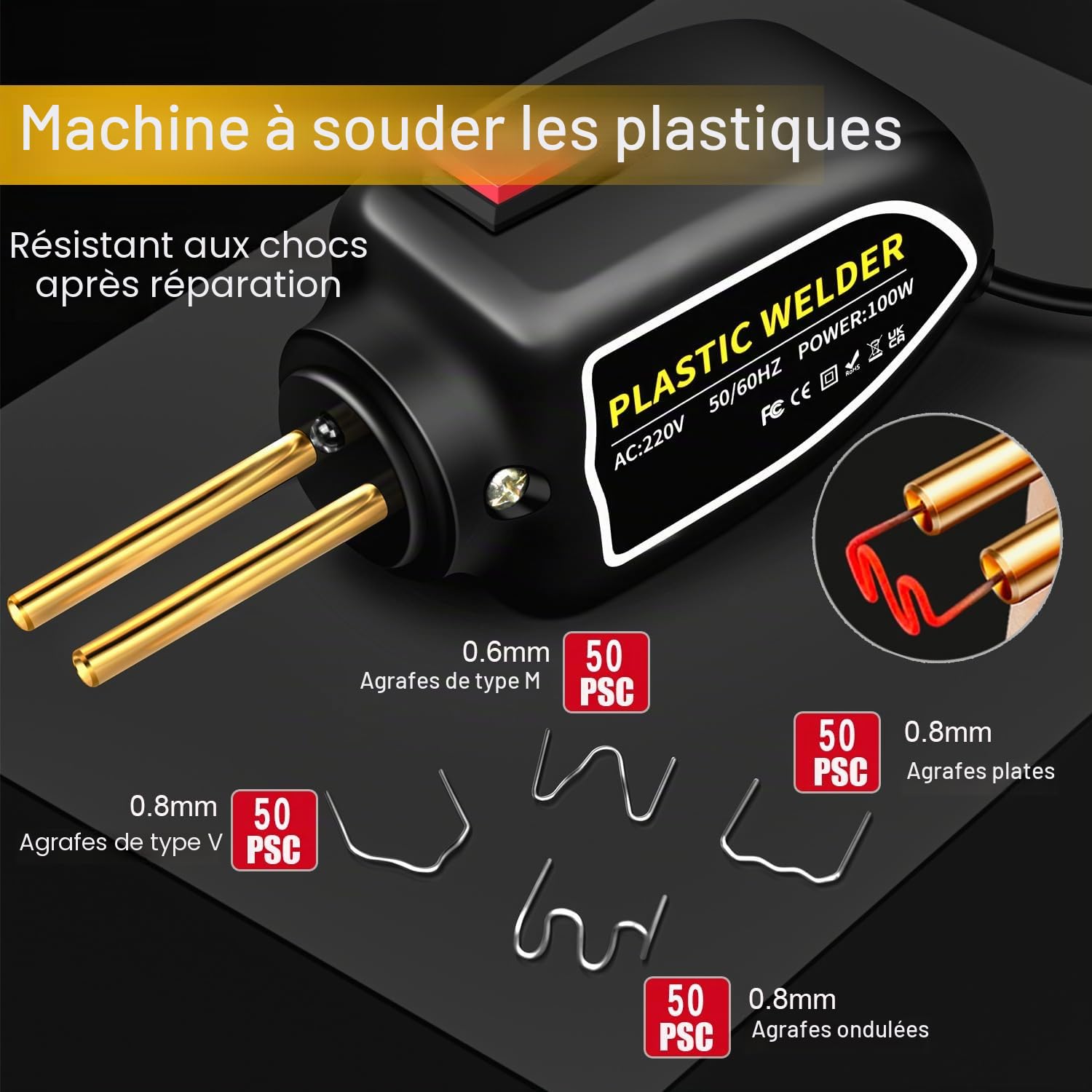 Machine de soudage en plastique 100W, kit de réparation de pare-chocs de voiture, agrafeuse à chaud avec 200 clous de soudage, plat/coin extérieur/coin intérieur/boucles