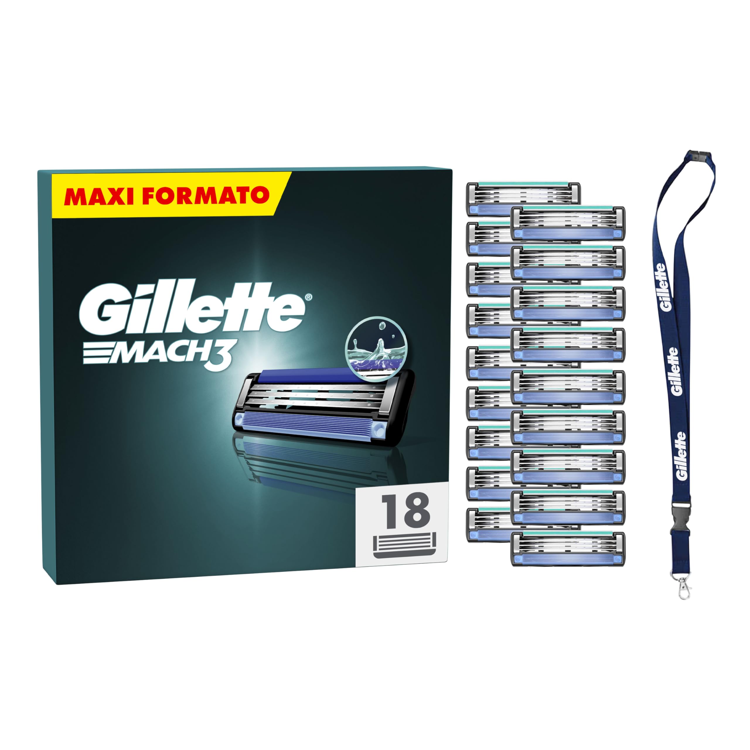 Gillette Mach3 LAMETTE DA BARBA, 18 RICAMBI (da 3 Lame), Microaletta Protettiva, Ottimo Scorrimento con Striscia Lubrificante, Fino a 15 Rasature con 1 Testina + Laccetto Collo Incluso