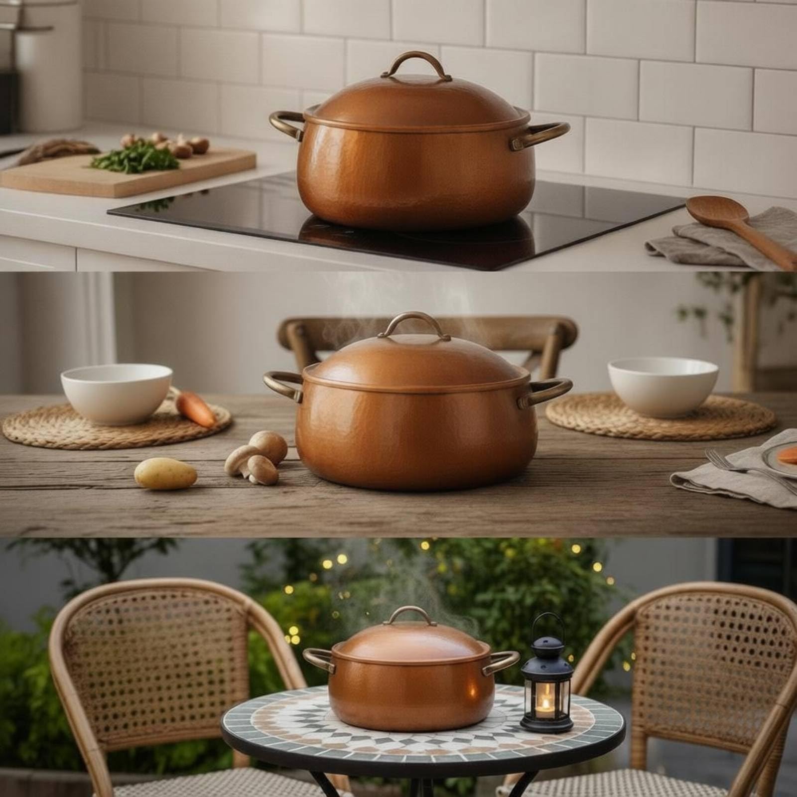 Pentola in Rame Martellato Pentola Casseruola Teglia con Finitura Brunita E Superficie Testurizzata Adatta a Brodi Riso Pasta Pasti di Famiglia