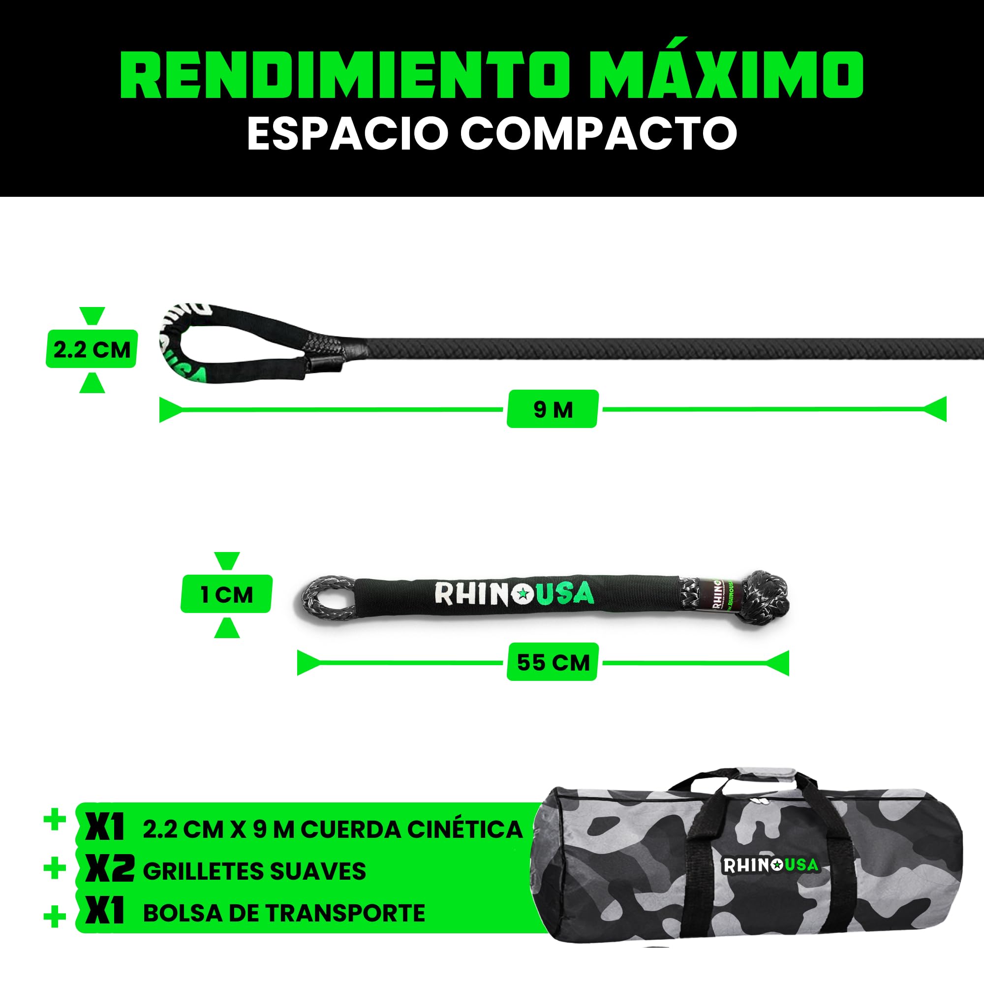 Rhino USA Cuerda Cinética para Remolque 13000kg - Cuerda de Remolque y Recuperación con 2X Grilletes - Correa de Rescate Todoterreno 2.2 cm x 9 m - para Todoterreno Quad UTV 4x4 - Negro