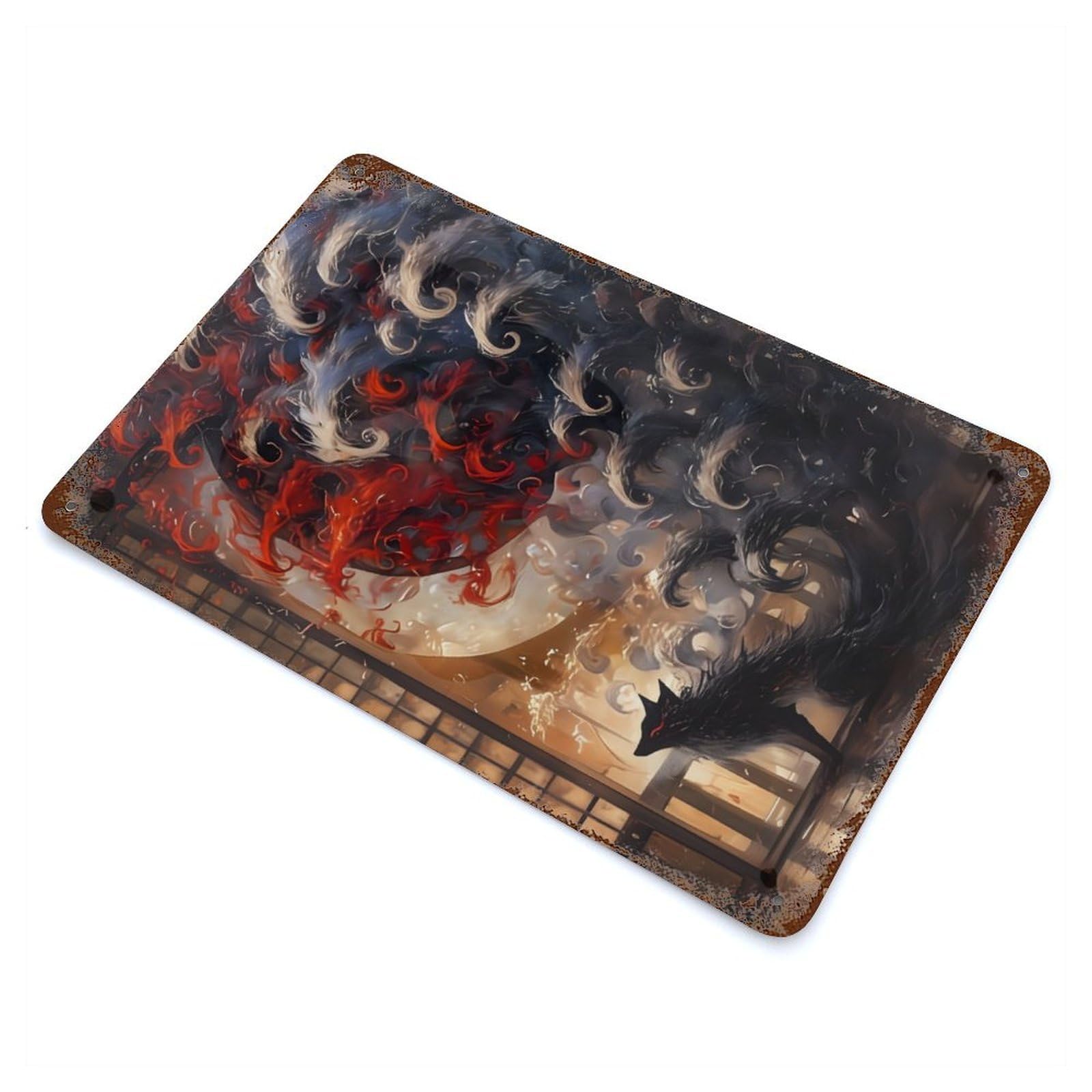 Kitsune with Nine Tails 11.8"x7.9" Rustic Tin Plaque, Novelty Wall Decor for Living Room, Hallway And Home Decor