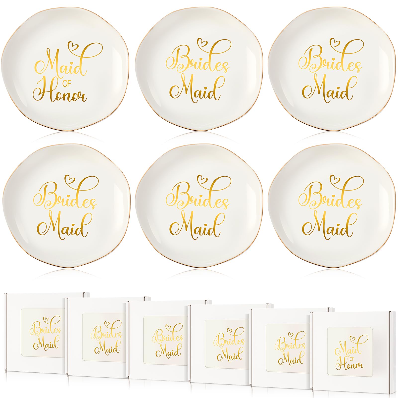 Hushee 6 juegos de bandeja de cerámica para joyas de dama de honor, plato de regalo de propuesta de dama de honor con cajas, plato decorativo para aretes, collares, pulseras, para boda, despedida de
