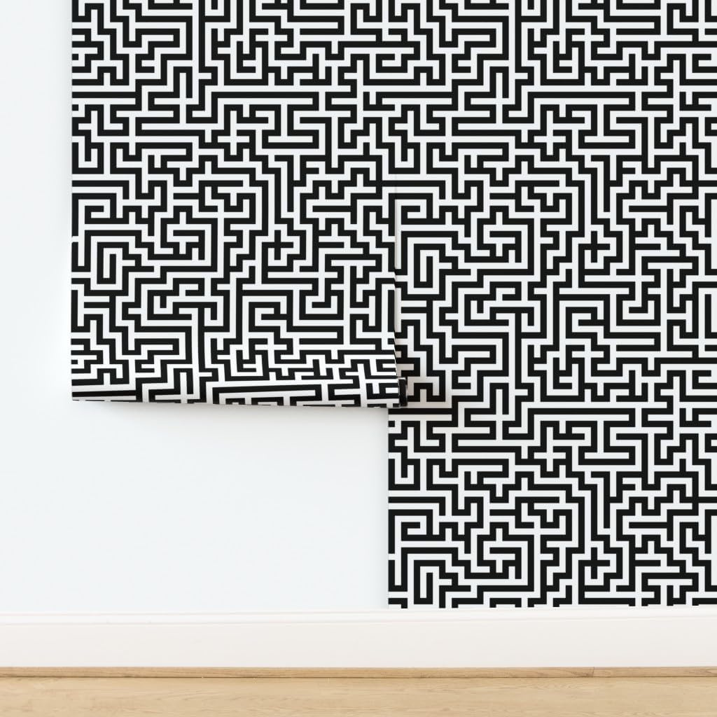 Peel & Stick Wallpaper 12ft x 2ft - Black White Maze Puzzle Geometric Monochrome Modern Custom Removable Wallpaper by Spoonflower