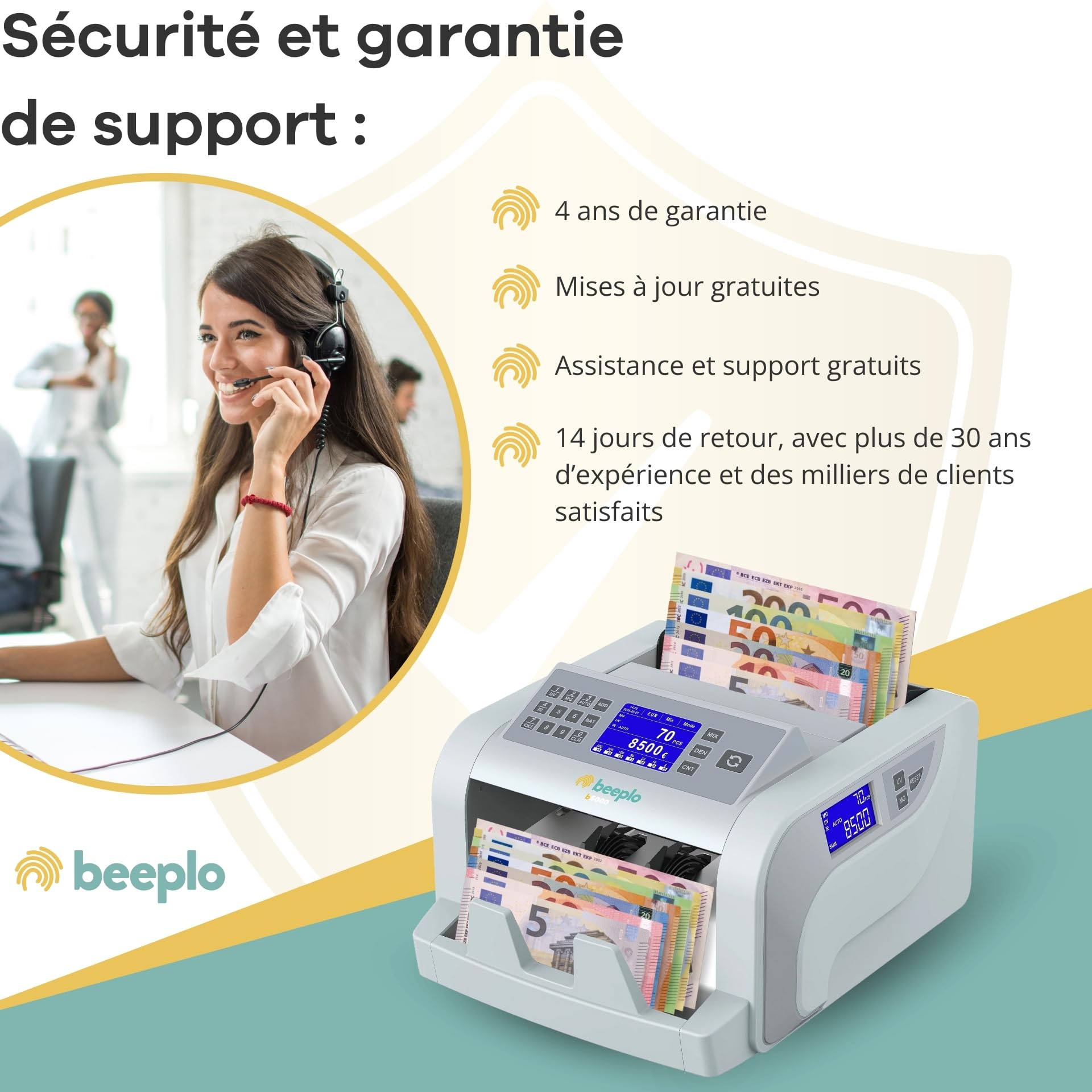 b5000 Compteuse Totalisatrice de Billets EUR | 5 Systèmes de Détection, Compte et Totalise, Détecte les Billets, Précision Totale, Garantie 4 ans