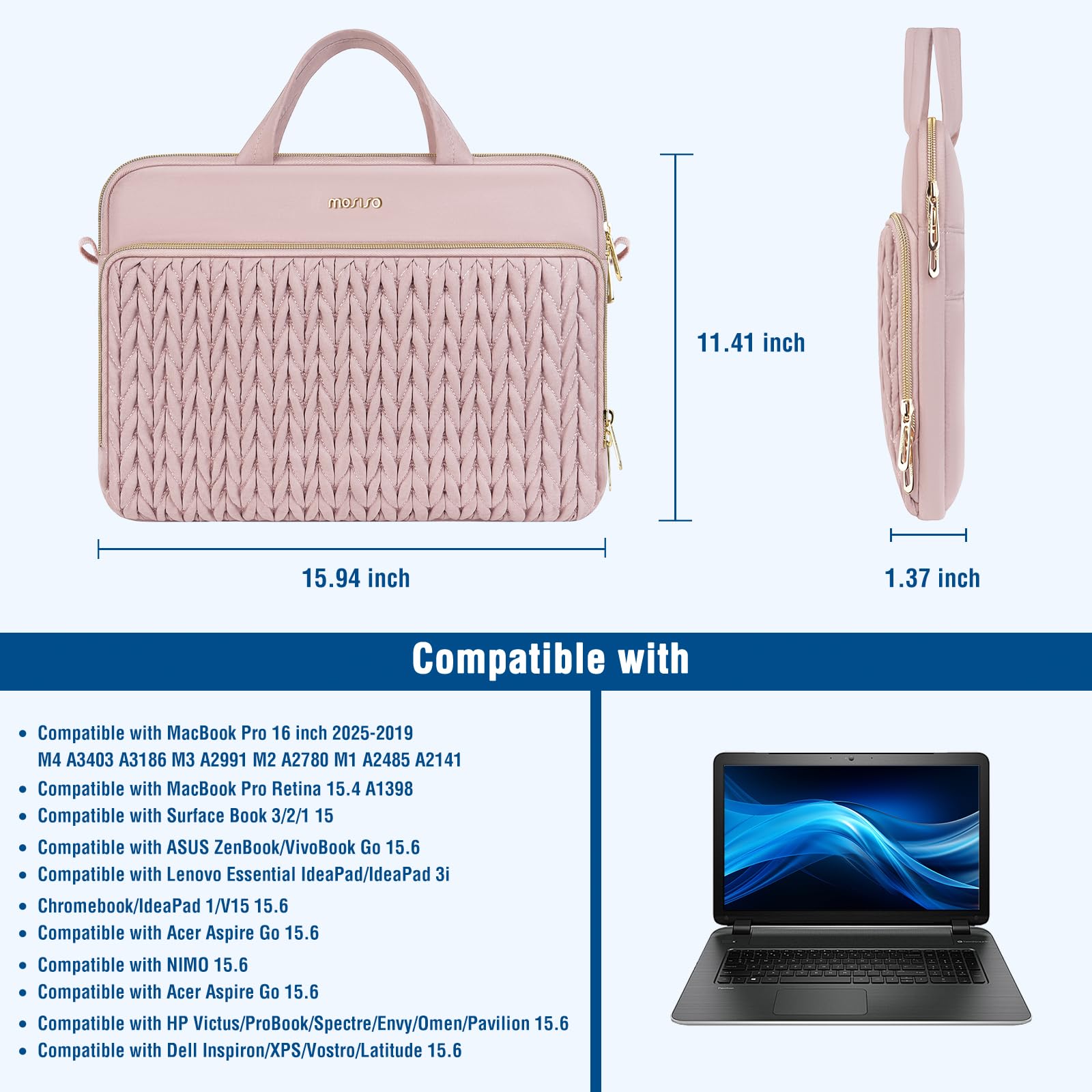 MOSISO Torba na laptopa, pikowana torba kurierska z kłębkiem pszenicy z uchwytem i kieszenią