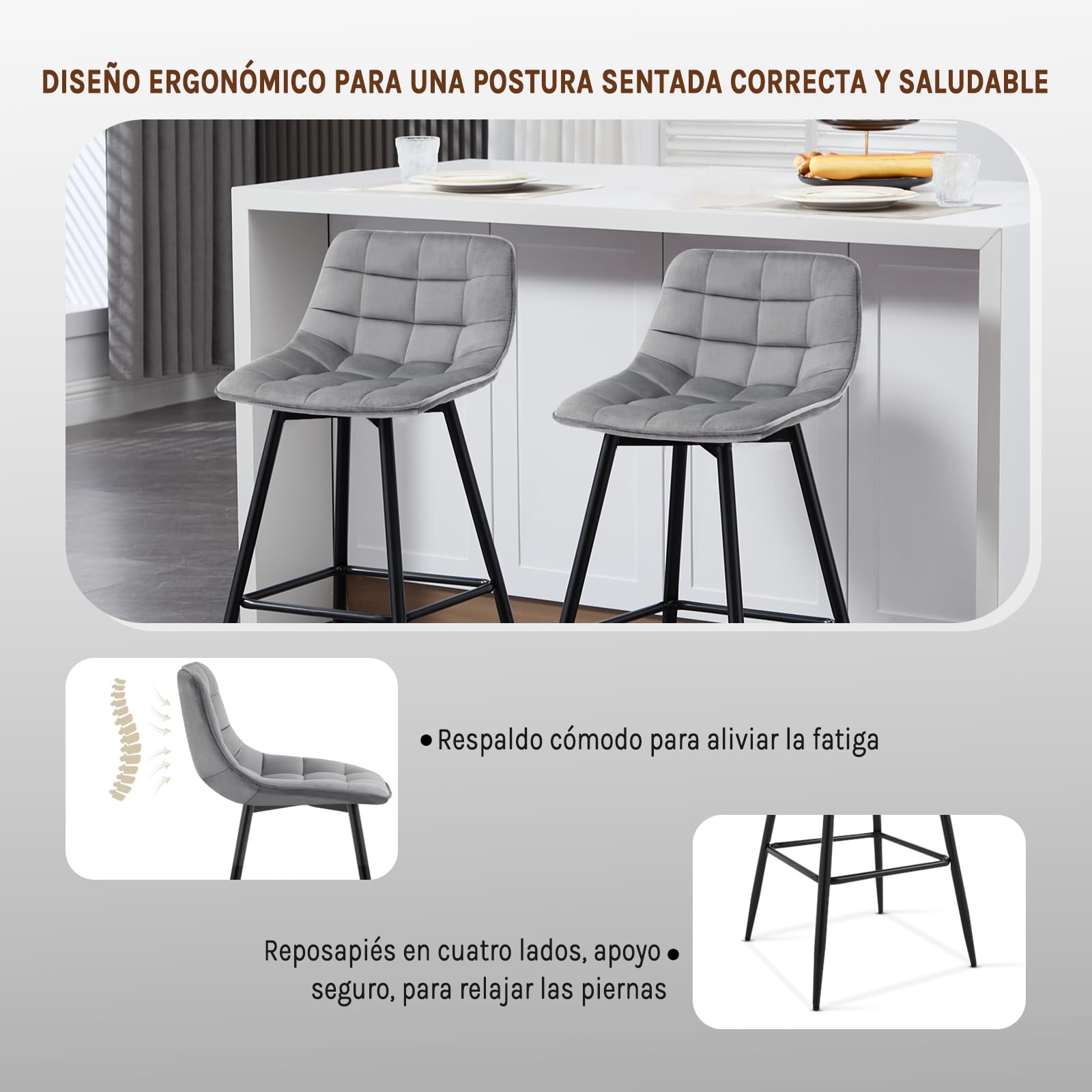 WOLTU Taburete de Bar Juego de 4 con Respaldo, Terciopelo, Gris Claro