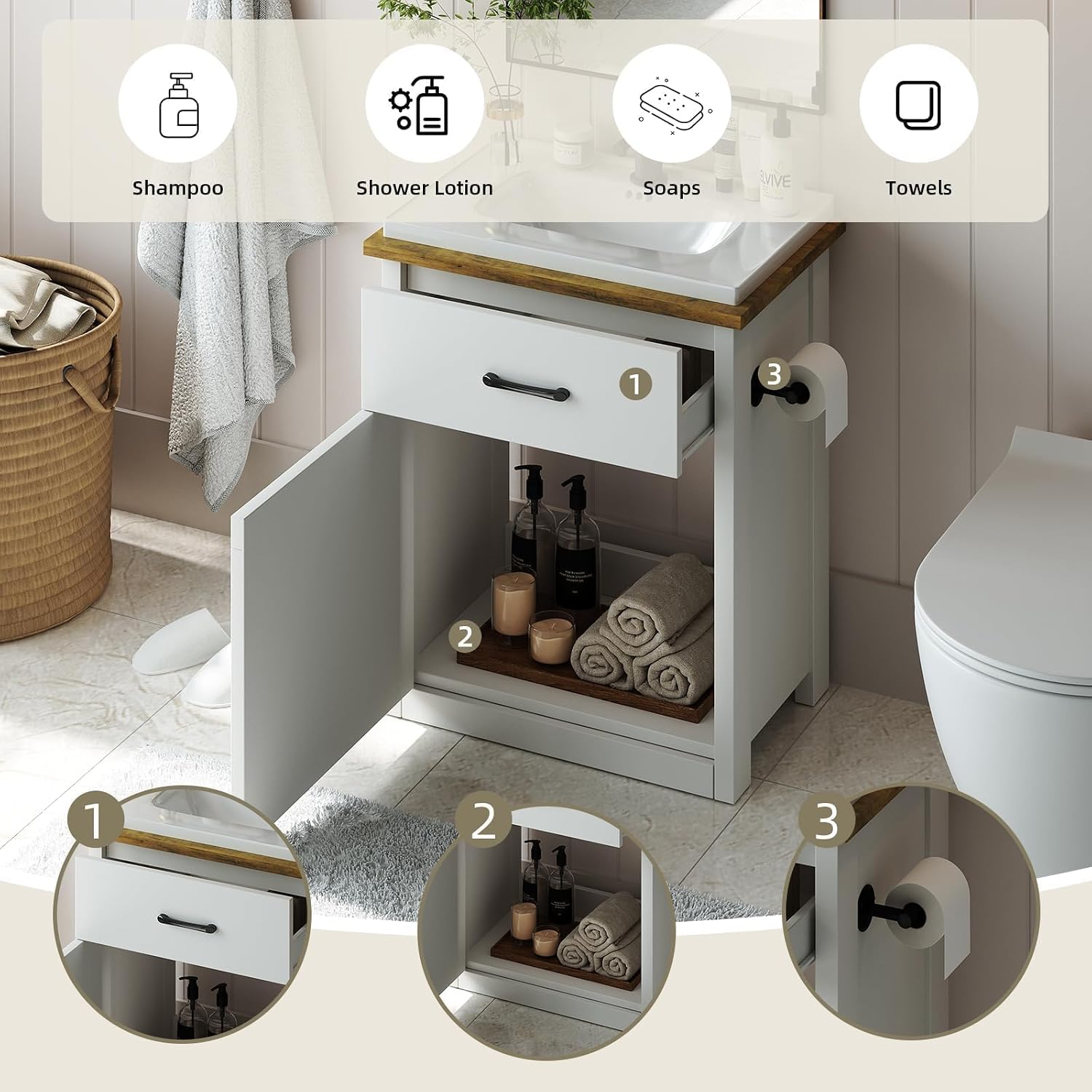 4ever2buy 24 Inch Bathroom Vanity with Sink, Farmhouse Bathroom Vanity Cabinet with Drawer & Barn Door, Towel Bar, White