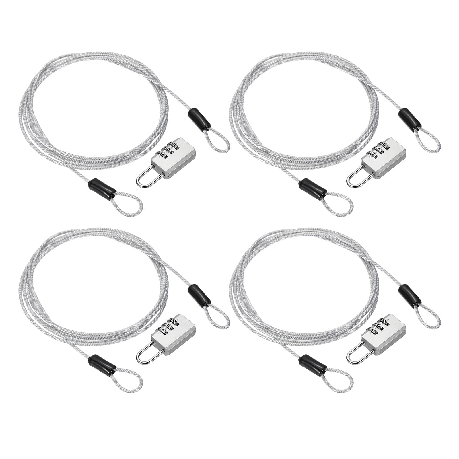 PATIKIL Security Cable with 3 Digit Combination Lock, (2m x 2.5mm, Silver)(4Set), Braided Stainless Steel Safety Cable Wire Rope with Double Loop, Suit for Suitcase/Bicycle/Cabinets