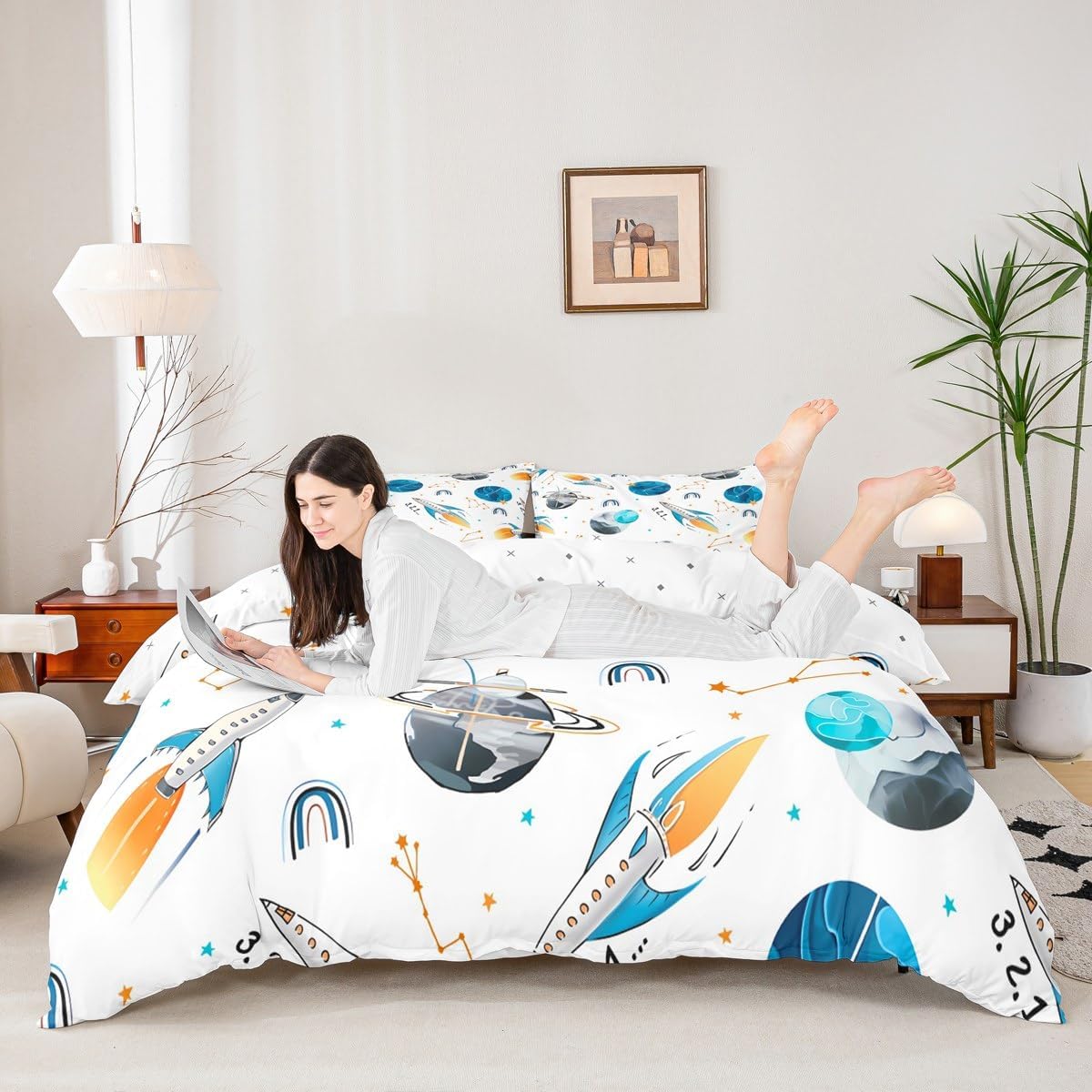 Rocket Spacecraft Duvet Cover Toddler Size Universe Planets Bedding Set 2pcs Constellation Starry Comforter Cover for Boys Room Decor Outer Space Themed Quilt Cover,1 Pillowcase(Not Comforter)