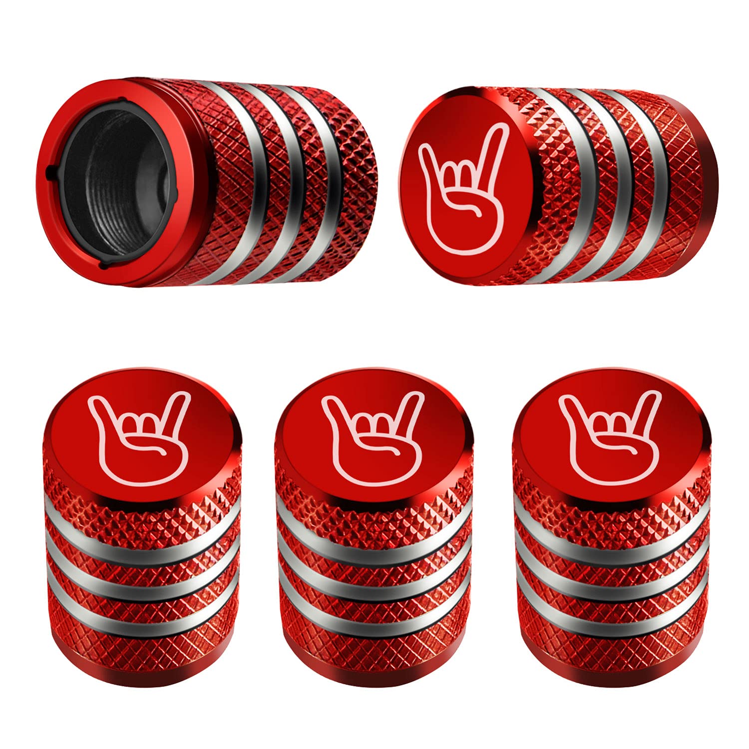 DECURCAR Tire Valve Stem Cap Cover - (5 Pack) Tire Air Cap Metal with Plastic Liner Corrosion Resistant Leak-Proof Rock and Roll for Car Truck Motorcycle Bike Red