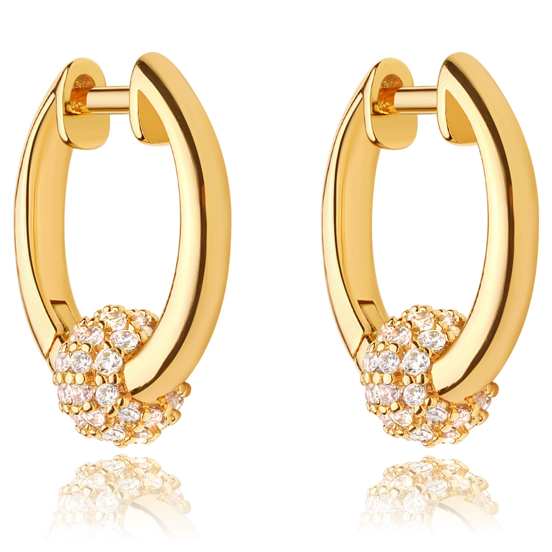 DREMMY STUDIOS Dainty CZ Huggie Hoop Earrings 14K Gold Filled Chunky Simple Cute Thick Round Frill Bead Ball Starburst Cuff Earrings Cubic Zirconia Hoop Earrings Minimalist Personalized Gift for Her