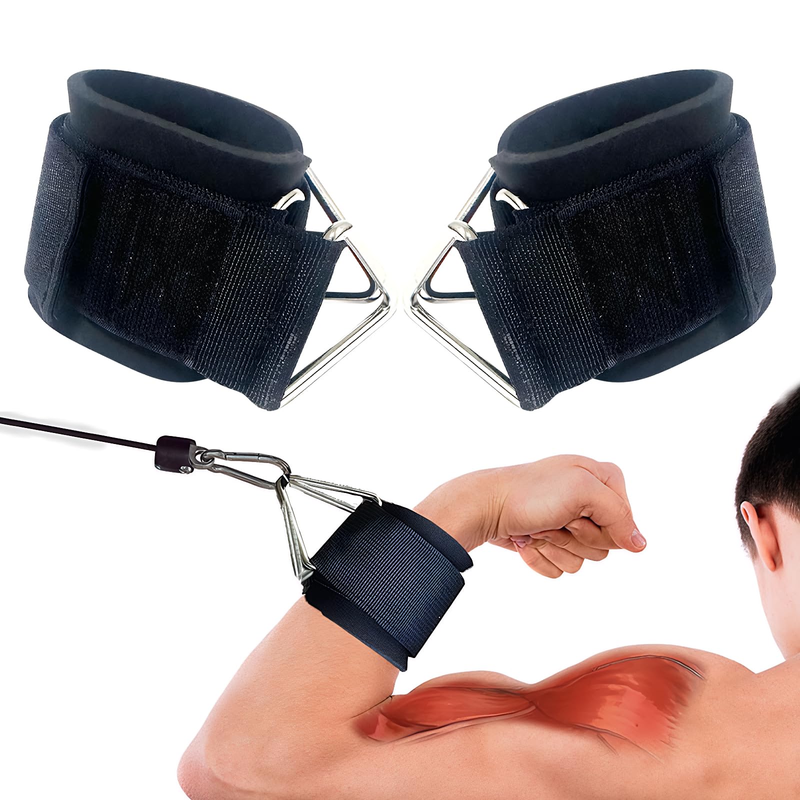 2 Pcs Wrist Cuffs Gym, Neoprene Padded Gym Cuffs Wrist with Triangular Metal Rings, Adjustable Straps for Cable Machines, Resistance Bands & Strength Training