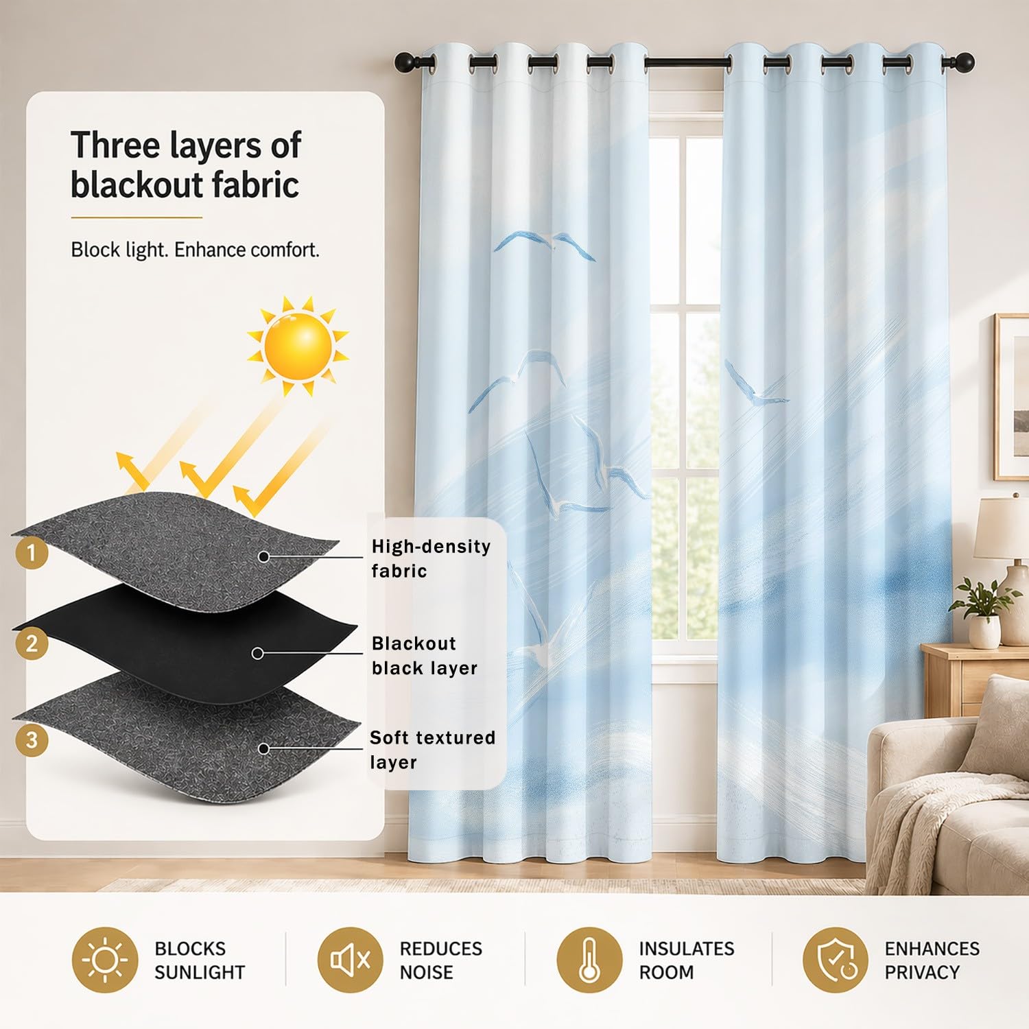 Generisch Strand Möwen Himmel Blickdichte Vorhänge, B 110 x H 215 cm Verdunklungsvorhänge mit Ösen, Thermovorhänge für Wohnzimmer, Schlafzimmer, Aquarell Meer 2er-Set