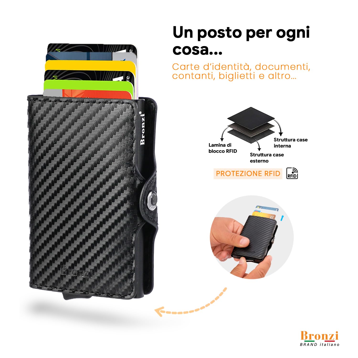 Bronzi® Portafoglio Uomo Slim Piccolo | Portacarte Uomo Donna Portatessere Porta Carte Di Credito | Portafogli Mini Protezione RFID con Portamonete | Box Regalo - Brand Italiano