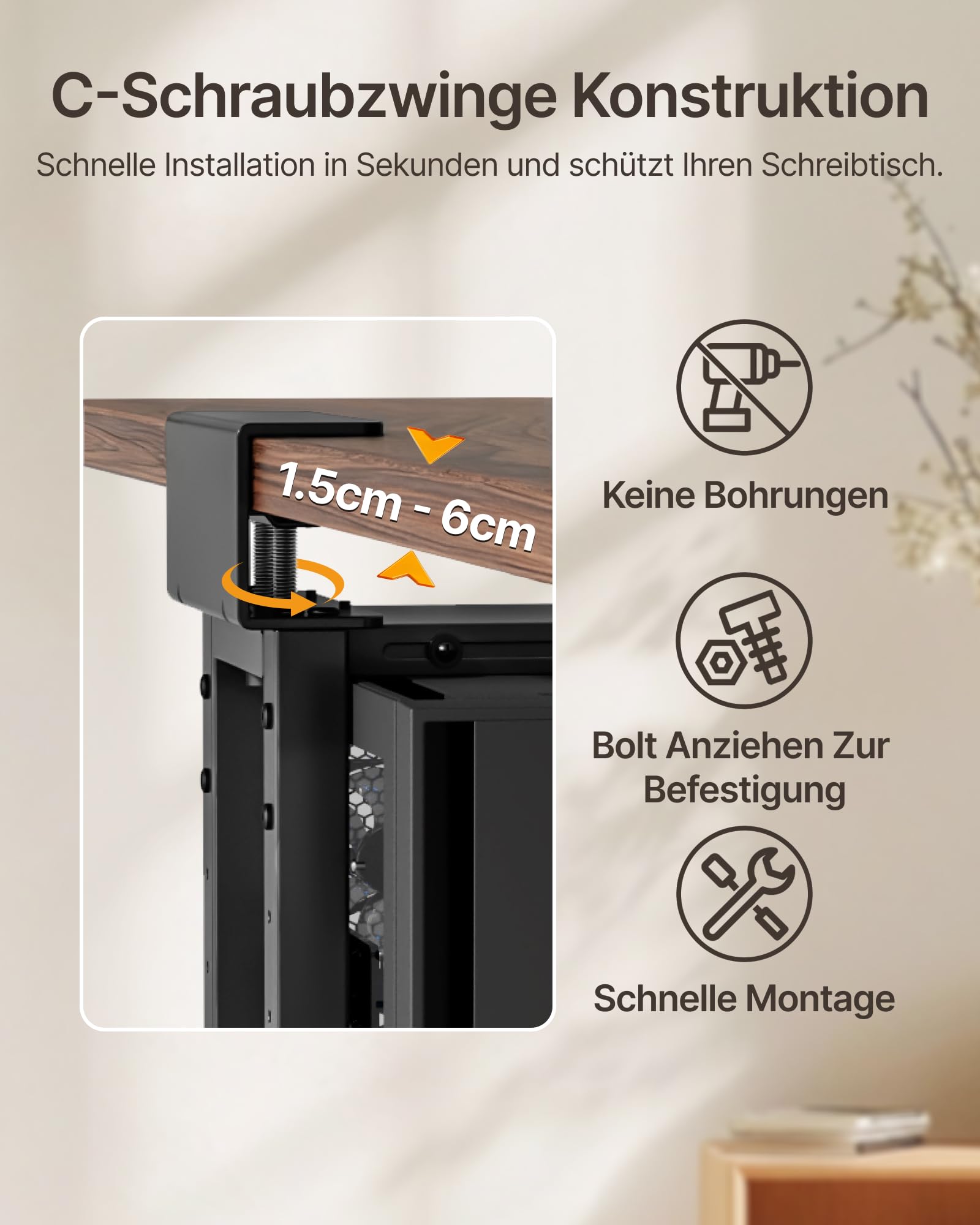monTEK 30KG Heavy-Duty PC-Halterung unter Schreibtisch, Ohne Bohren montierbar, Verstellbare PC-Halterung mit Schutzpolstern, 16,1"-25,6" Höhe, ideal für Büro, Zuhause, Klassenraum, Schwarz