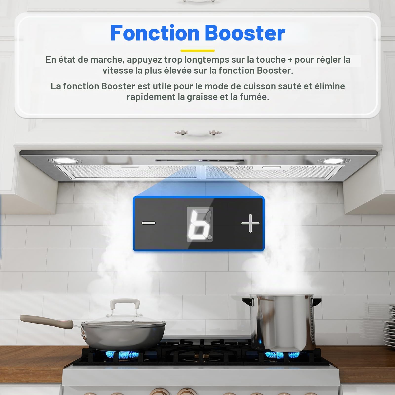 Hotte Aspirante 72cm Encastrable, 400m³/h, Hotte Cuisine, 3 Vitesses & Fonction Booster, Gestuelle, Tactile, Éclairage LED, Évacuation & Recyclage d'air avec filtre à charbon et conduit